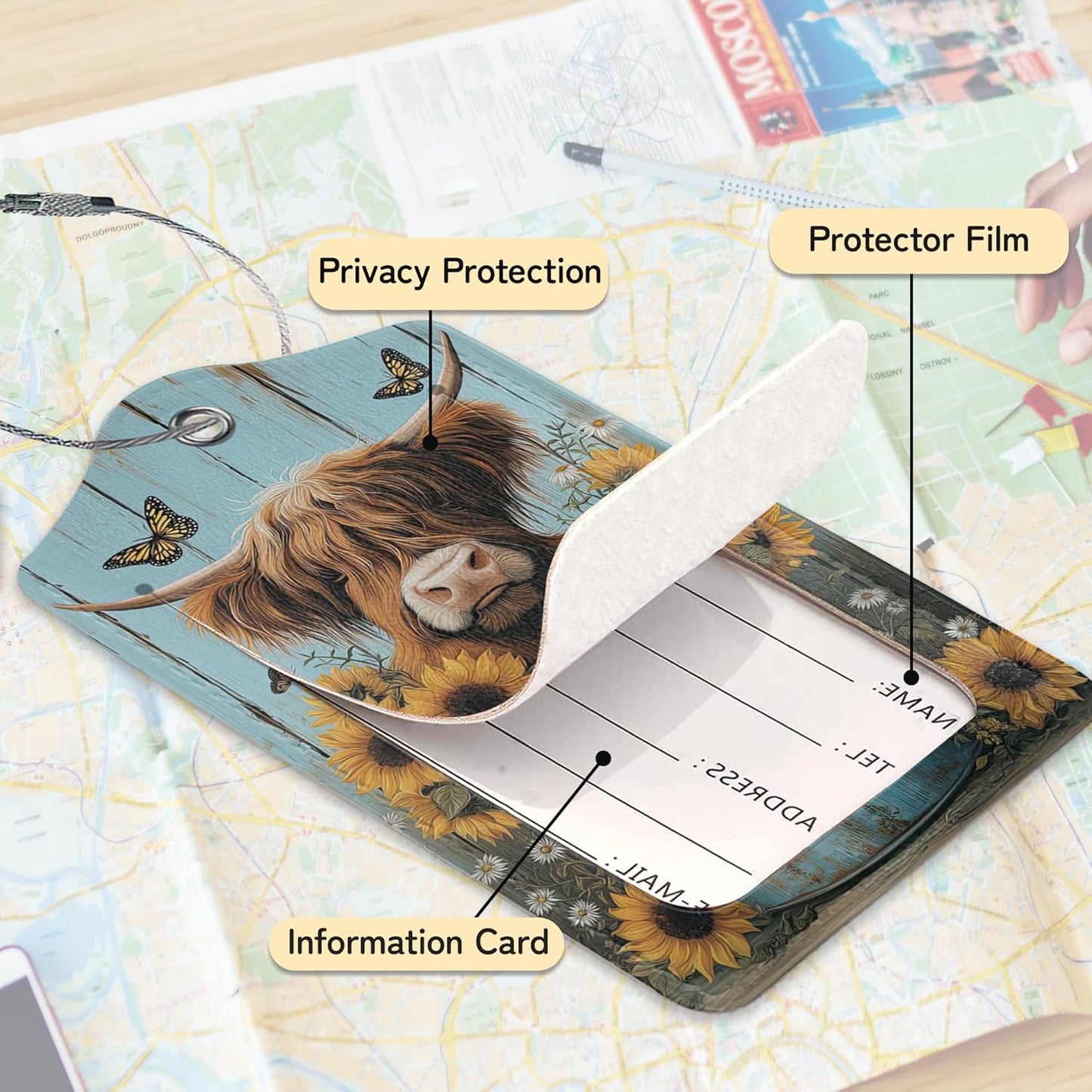 Highland Cow Luggage Tags for Suitcase,3 Pack Cow Sunflower Luggage Tag Leather Privacy Cover ID Label with Stainless Steel Loop for Women Men