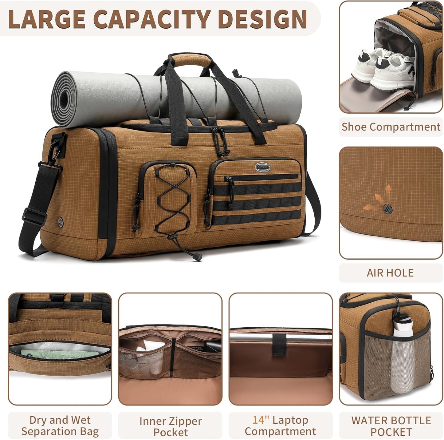 Bosstin Gym Bag for Men & Women,45L Travel Duffle Sports Duffel Bag Gym Weekender Overnight