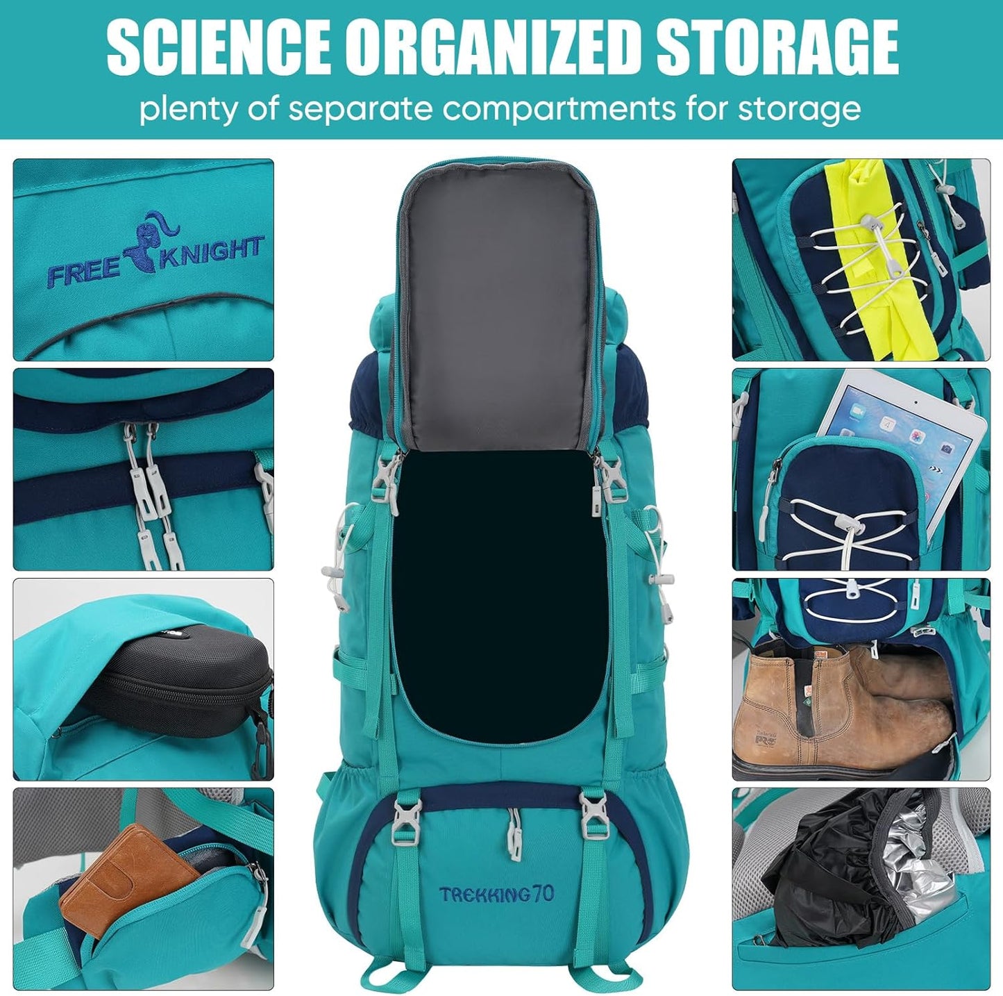 Bseash 70L (65+5) Waterproof Hiking Camping Backpack with Rain Cover, Outdoor Sport Travel Daypack for Climbing Touring (Blue Green)