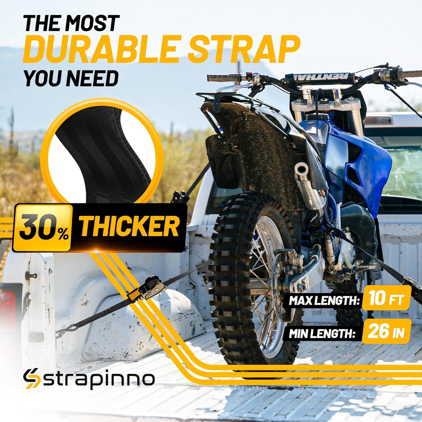 Strapinno Retractable Ratchet Straps 1 in x 10 ft, Secure Tie-Downs with Rubber-Coated Steel Handles, for Motorcycle, Jetski, Kayak, Breaking Strength 1,500LBS/680KG (Black Strap, Black Coated)