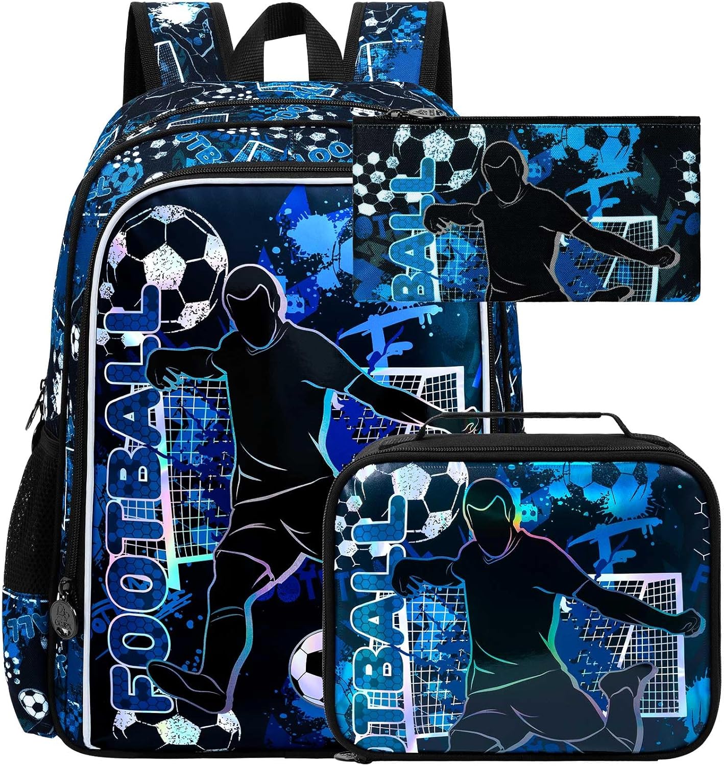 gxtvo 3PCS Boys Soccer Backpack, 17" Kids Football Bookbag with Lunch Box, Water Resistant Middle Elementary Preschool School Bag