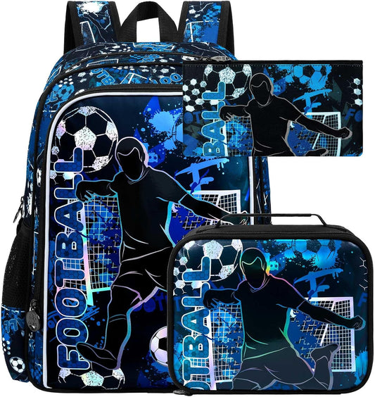 gxtvo 3PCS Boys Soccer Backpack, 17" Kids Football Bookbag with Lunch Box, Water Resistant Middle Elementary Preschool School Bag