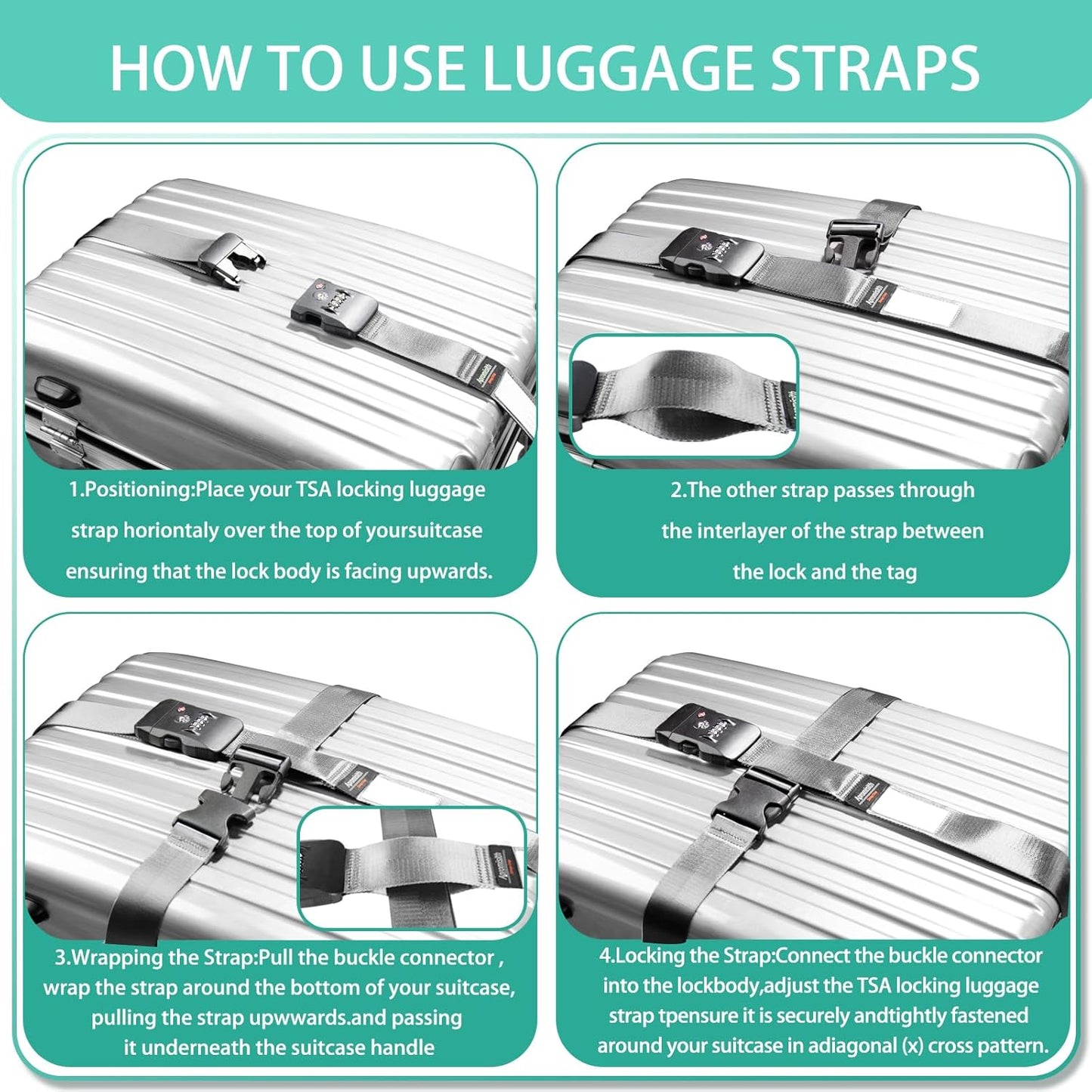 Cross Luggage Strap Belt for 20"-32" Suitcase with TSA Approved 3-Dial Combination Lock Wide Adjustable Packing Straps Travel Accessories, Grey