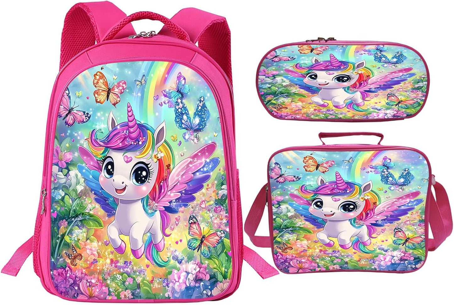 Unicorn Backpack Colorful School Bag 3PCS Backpack 16 Inch with Lunch Bag Set Lightweight for Teen Boys Girls Kids Elementary Middle School
