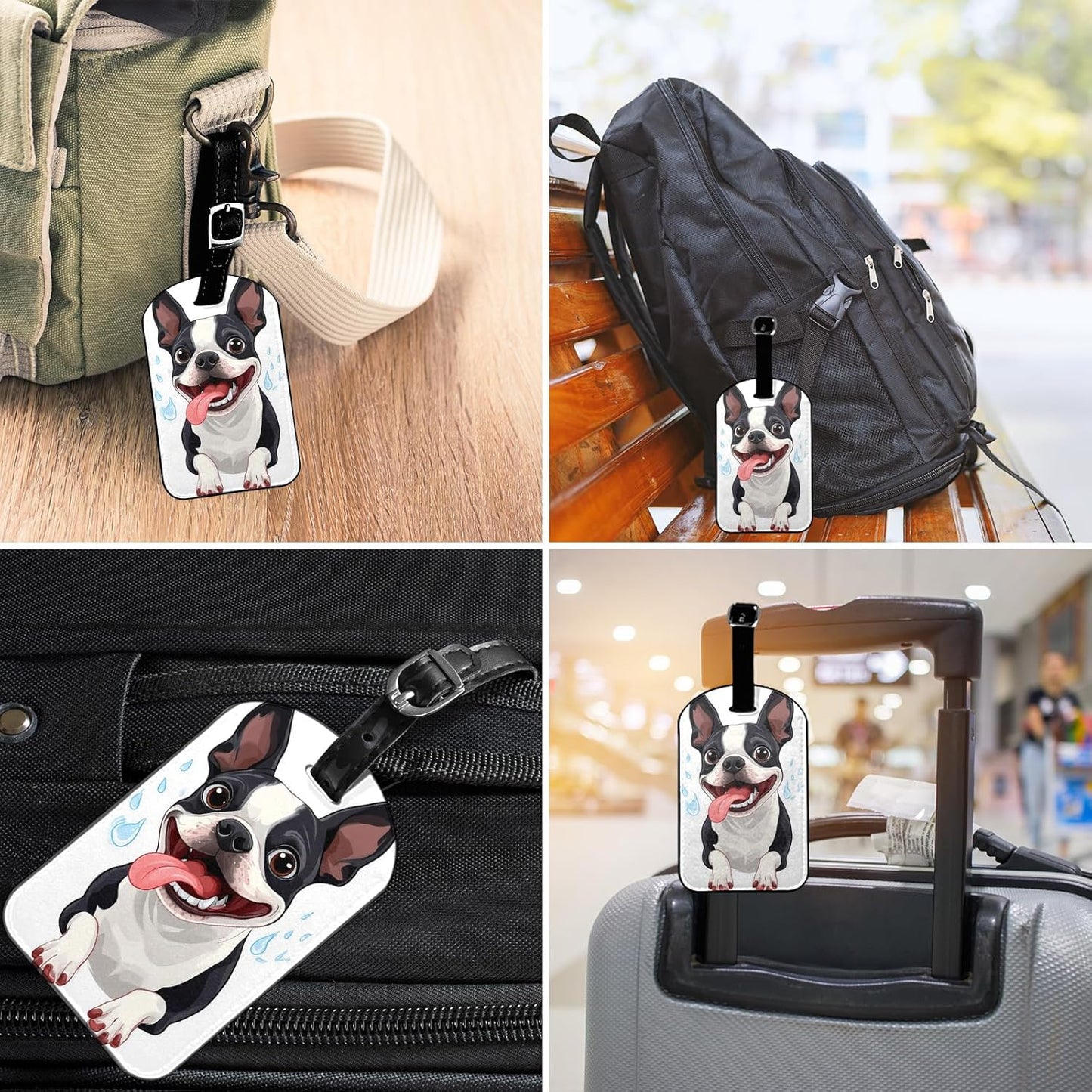 Happy Puppy Luggage Tag Cartoon Boston Animal Cute Pet Suitcase Tag with Strap for Handbag School Bag Label ID, 1 Pack