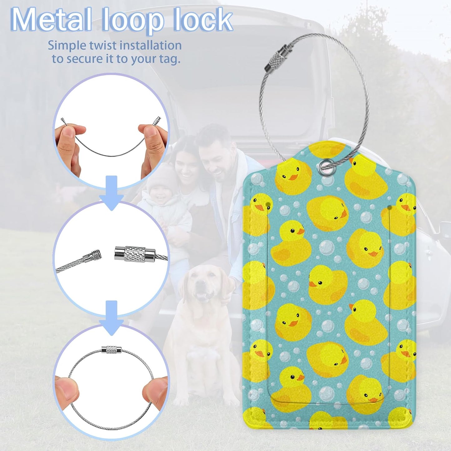 2 Pack Luggage Tags,Leather Suitcase Tags with Privacy Cover Name Address Labels& Durable Steel Loop for Men/Women Travel Bag Suitcases(Funny Cute Duck Yellow)