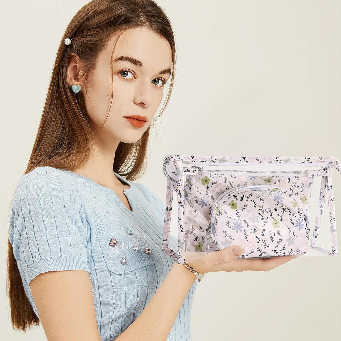 Richeart Makeup Bag, Clear Bag with Zipper, 3PC Floral Flowers Makeup Pouch, Waterproof Small Pouch, Portable Travel Toiletry Bag, D