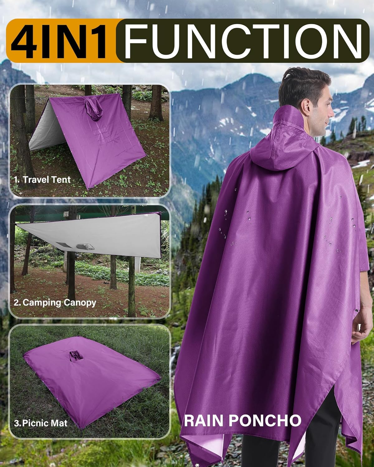 iCreek Hooded Rain Poncho Packable Unisex Raincoat Jacket with Pocket Waterproof Lightweight for Hiking, Camping, Outdoor