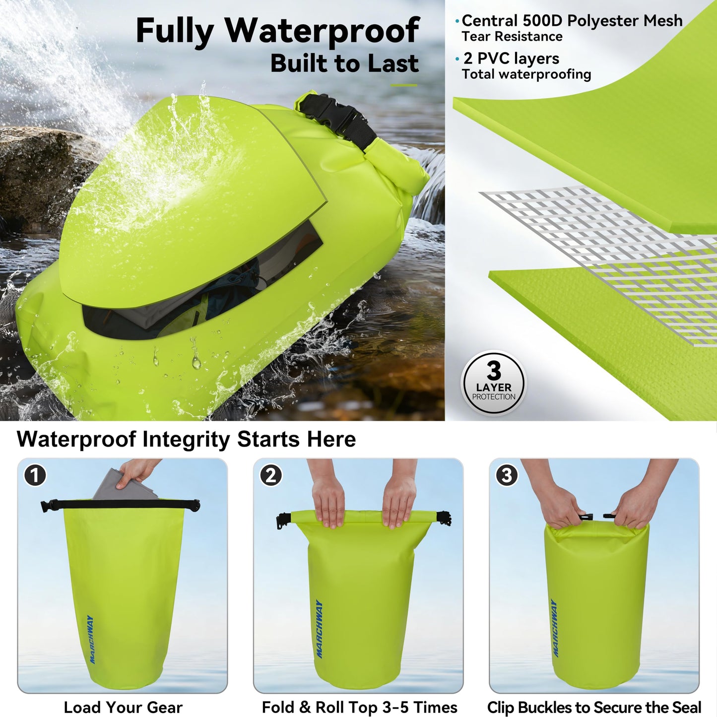 MARCHWAY Floating Waterproof Dry Bag Backpack 5L/10L/20L/30L/40L, Roll Top Sack Keeps Gear Dry for