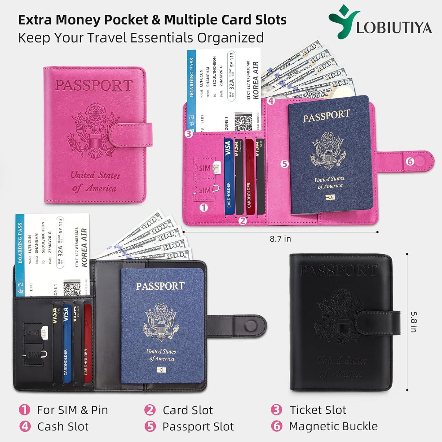 2 Pack Passport Holder For Travel with Luggage Tag Cover – RFID Blocking Passport Wallet Holder for Travel Women/Men | PU Leather Passport Case with Money Pocket, Black/Pink