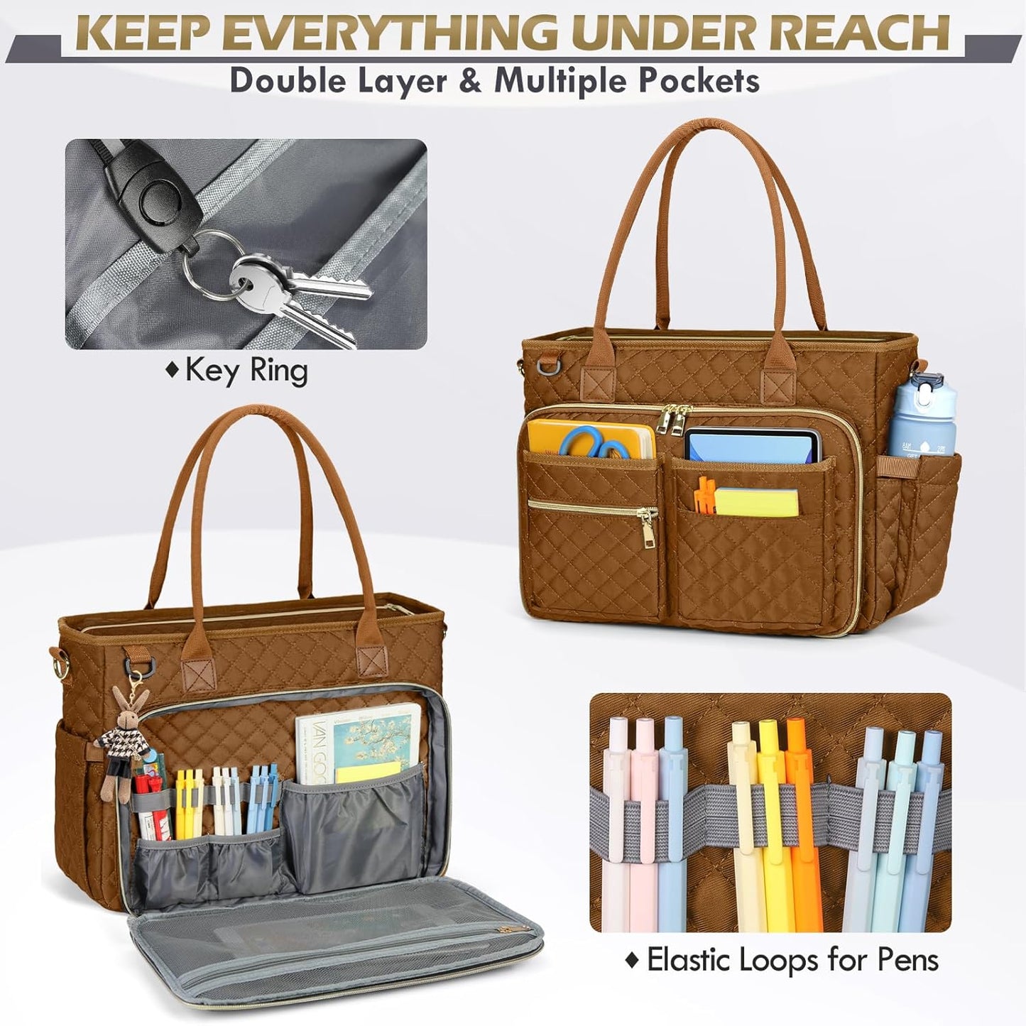 RAINSMORE Teacher Tote Bag 15.6 inch Laptop Bag for Women Work Bags Laptop Tote Nurse Bag Professional Computer Messenger with Insulated Pocket, Laptop Briefcase for Office, College, Nursing, Brown