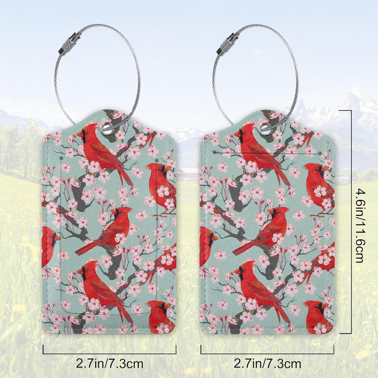 2 Pack Leather Luggage Tag for Suitcase Red Bird Blossom Winter Unique Travel Tags with Privacy Cover ID Label & Stainless Steel Loop for Men and Women Baggage