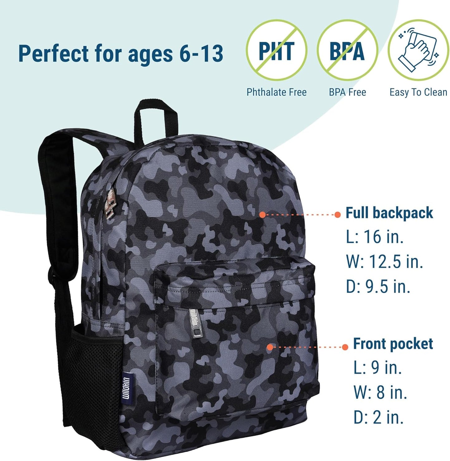 Wildkin 16-inch Kids Backpack – Durable, Padded & Spacious School Bag for Boys & Girls - Black Camo