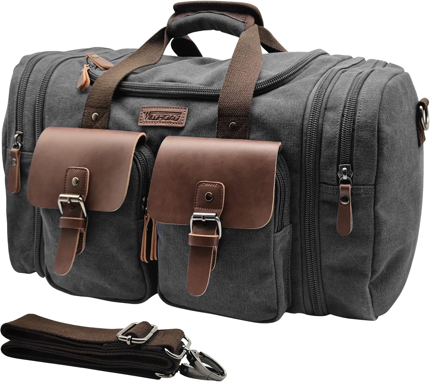 Wildroad 60L Travel Duffel Bag, Expandable Canvas Genuine Leather Duffle Bag Upgraded Overnight