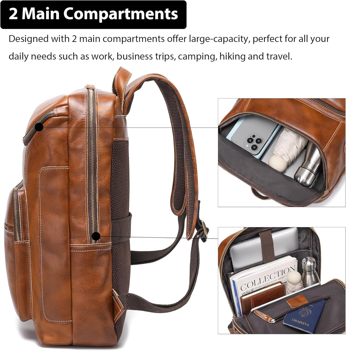 LANNSYNE Vegetable Tanned Leather Backpack For Men, 17" Laptop Backpack, Casual Outdoor Business Travel Rucksack, YKK Zippers