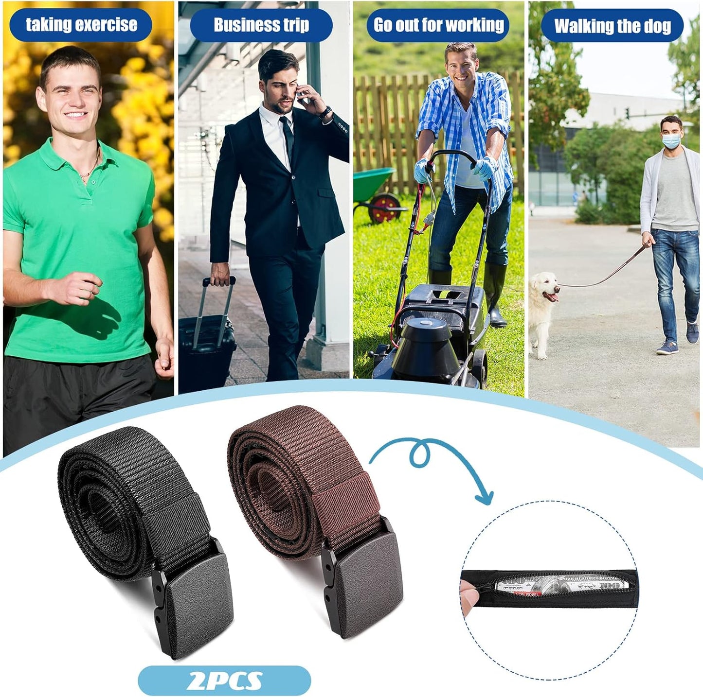 Eurzom 2 Pcs Travel Money Belts for Men Women Hidden Money Pocket Security Belts, Nylon Anti Theft Wallet with Plastic Buckle, Coffee and Black