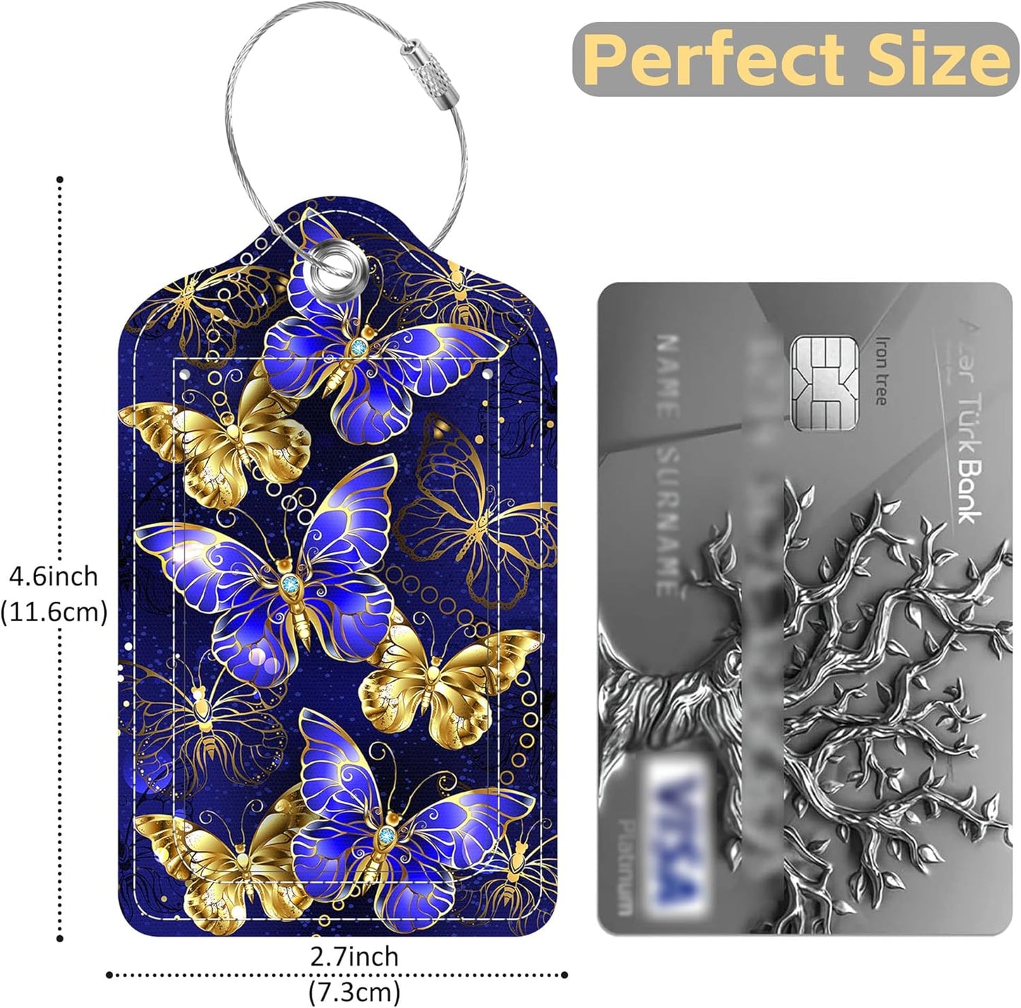 2 Pack Luggage Tags for Suitcase Sapphire and Gold Butterflies Leather Stainless Steel Loop Label Tags for Women Men Travel Bag Suitcase with Privacy Cover Name ID Card
