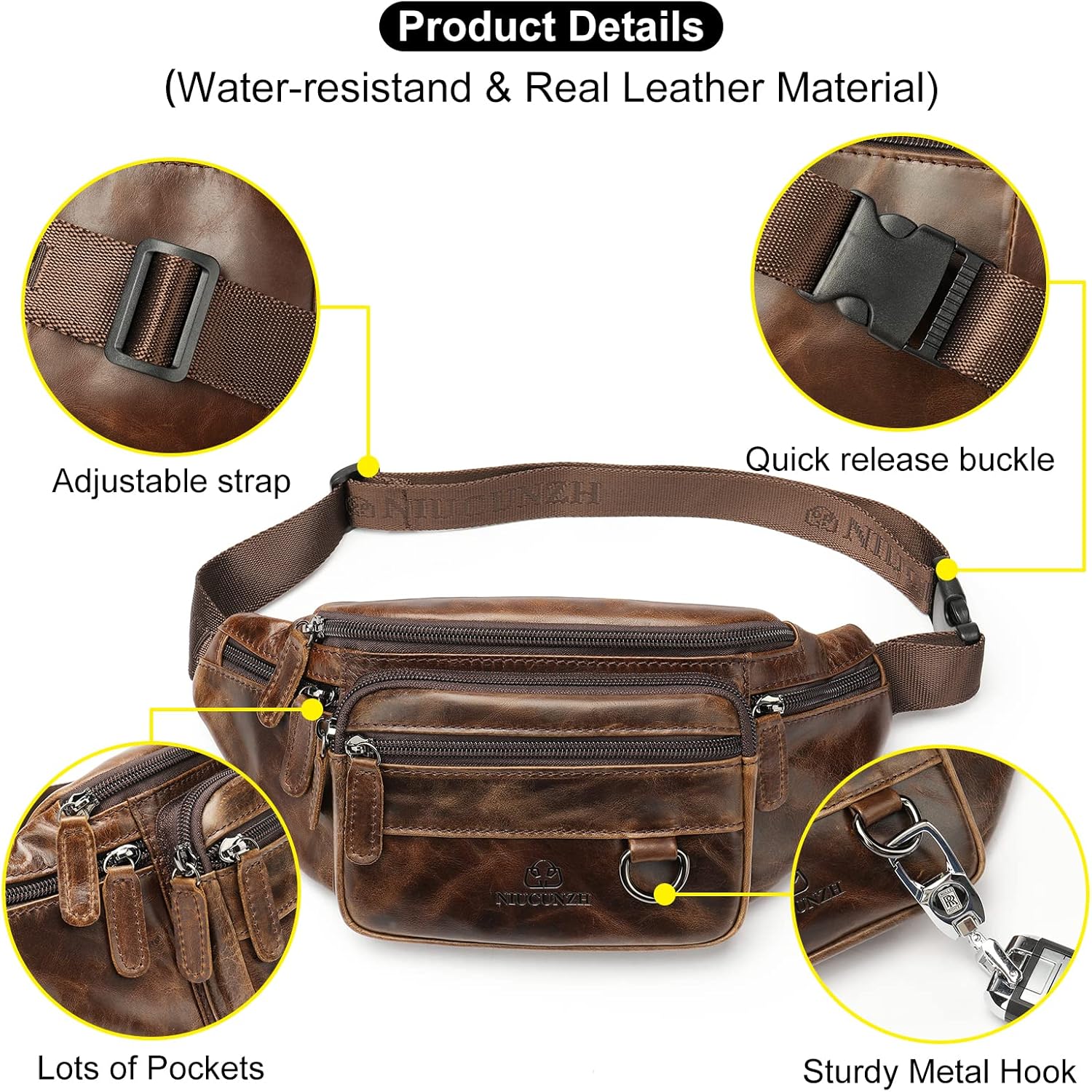 Genuine Leather Fanny Pack HandMade Durable cowhide Waist Bag Lots of Anti-theft zipper pocket