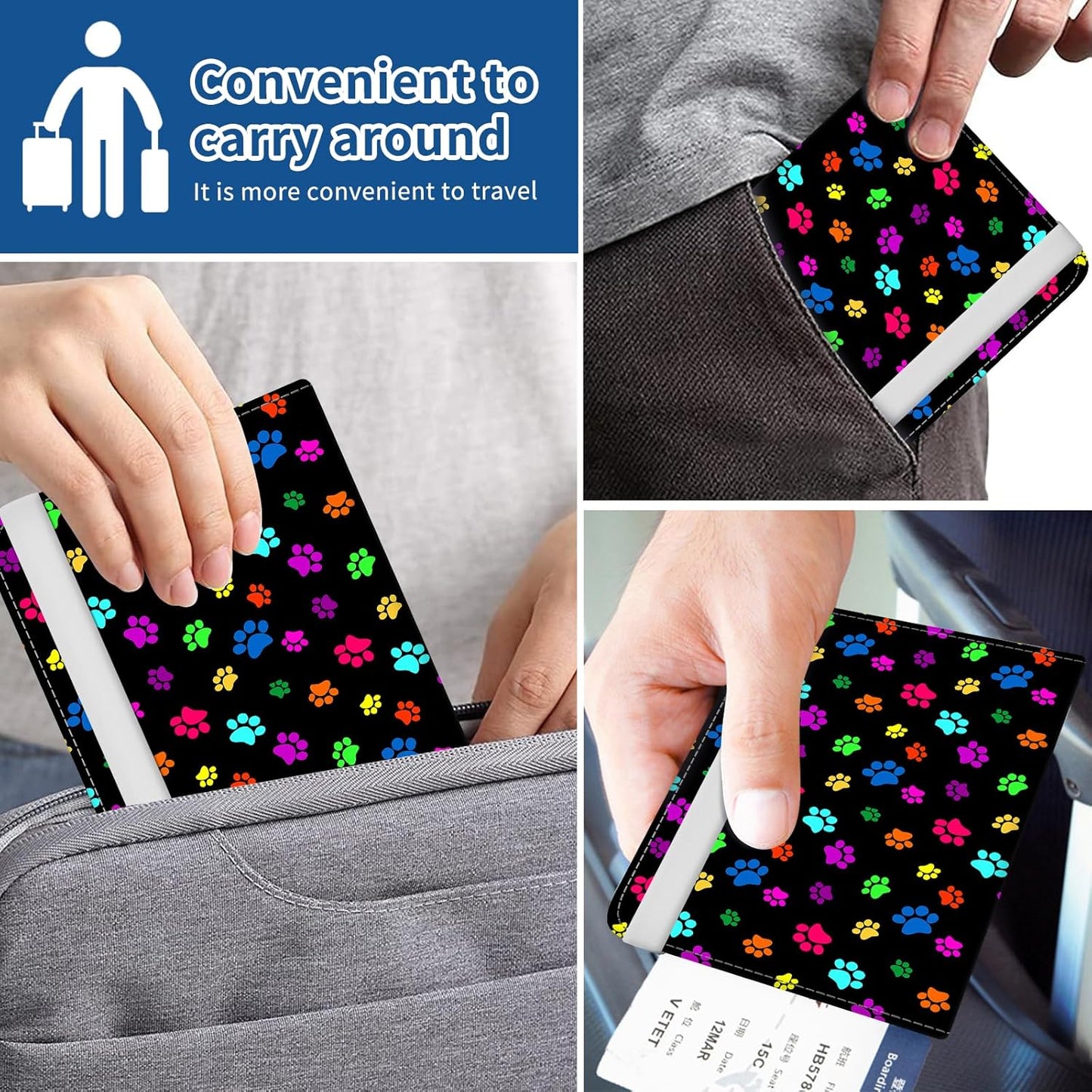 Passport Holder for Travel Essentials, Leather RFID Blocking Passport Wallet Cover Case, Cute Passport Book Holders for Women and Men Colorful Dog Paws