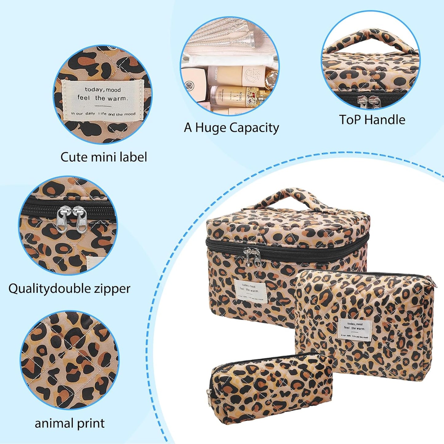 Quilted Makeup Bag, Large Capacity Travel Cosmetic Bag for Women and Girls, Aesthetic Storage for Daily and Travel Use (3pcs-Classicleopard)