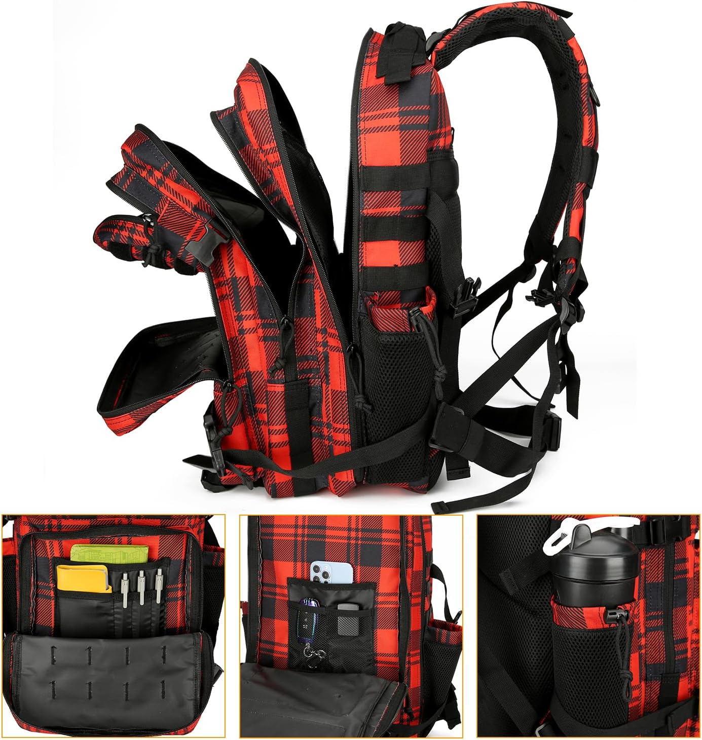 25L Tactical Backpack for Men and Women Military Backpack Army Assault Pack Molle Backpack Small Bug Out Bag Travel Rucksack Daypack (Red Plaid)