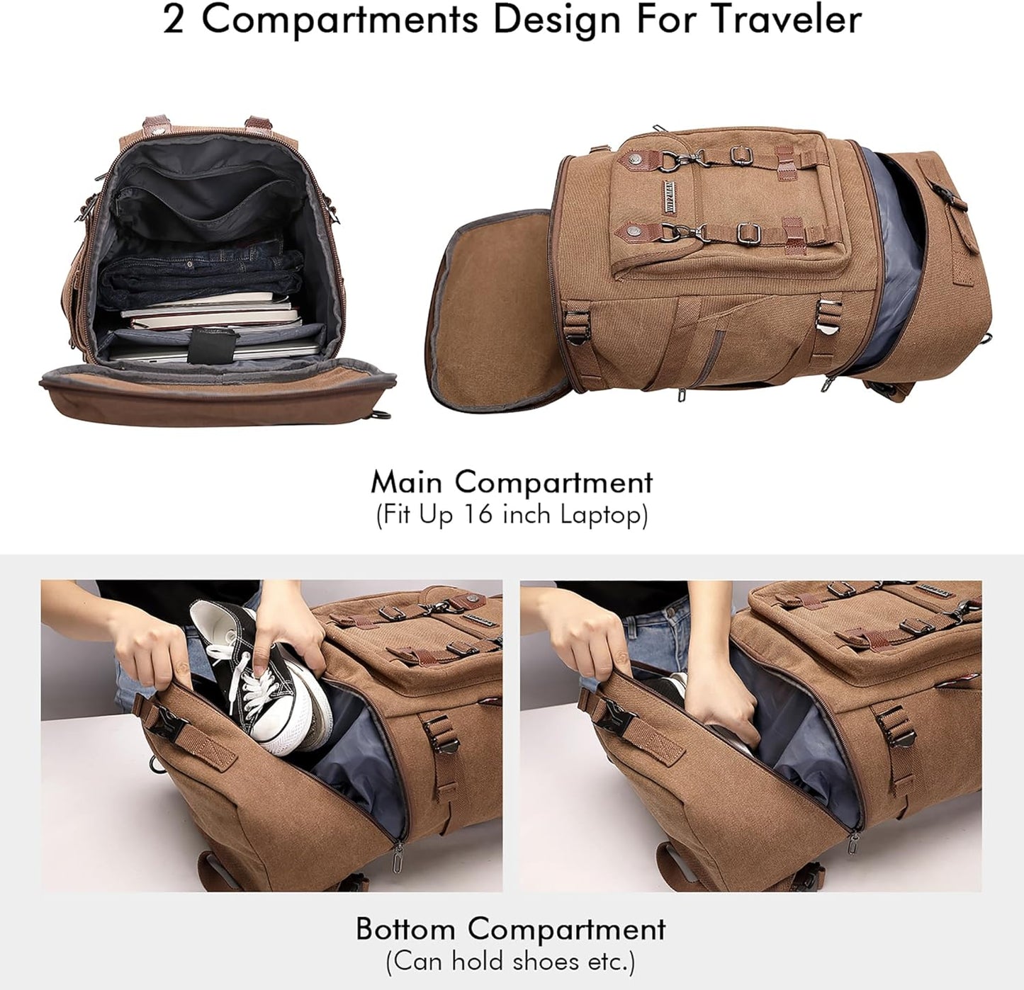 WITZMAN Travel Backpack for Men Women Canvas Backpack Carry on Luggage Rucksack Convertible Duffel Bag Large (A568 Brown)