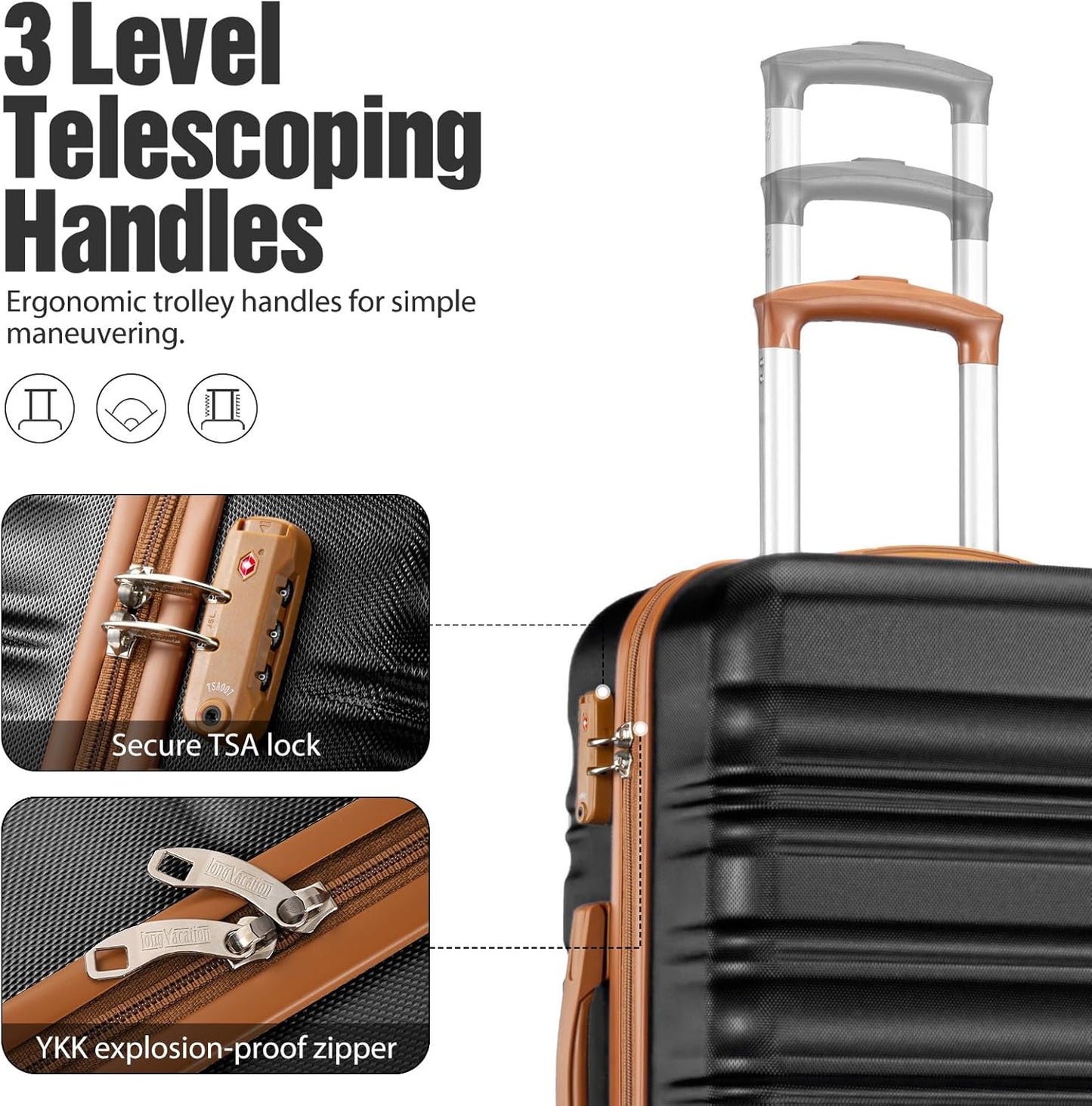 LONG VACATION Carry On Luggage Sets 3 Piece 20 Inch Suitcase Set, ABS+PC Hardshell Lightweight Travel Luggage with Spinner Wheels & YKK Zipper TSA Lock (BLACK-BROWN, 20 Inch)