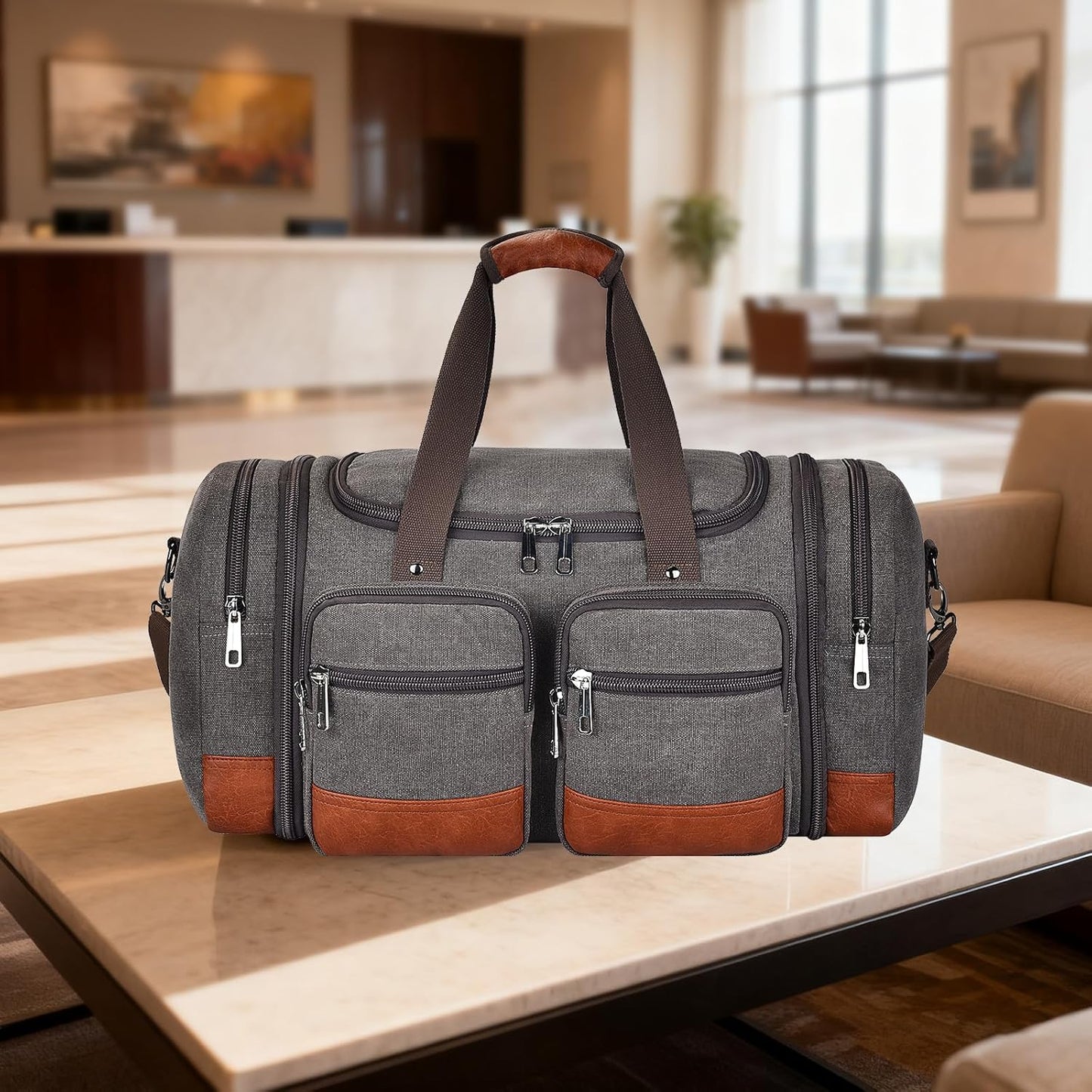 Canvas Duffle Bag For Travel, 50L Expandable Carry on Overnight Travel Duffel Bags with Laptop Compartments Weekend Gym Bag for Men(Grey)