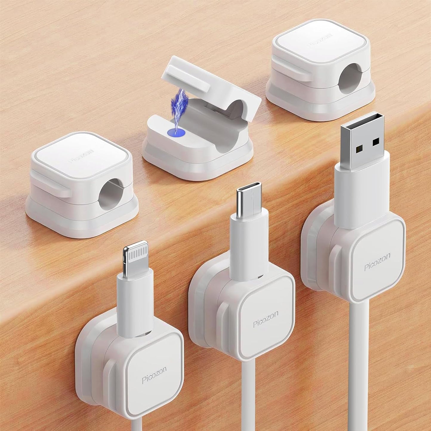 Picozon 6 Pack Magnetic Cable Clip Organizer Cord Holder, Picozon Adhesive Cable Management, Wire Phone USB Charger Cable Holder Keeper Organizer for Car, Office Home Desktop, Wall, Night Table