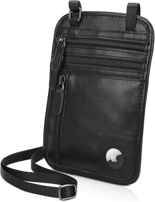 Polare Full Grain Leather Neck Wallet RFID Blocking Conceal Passport Holder Travel Pouch with AirTag Slot for Men