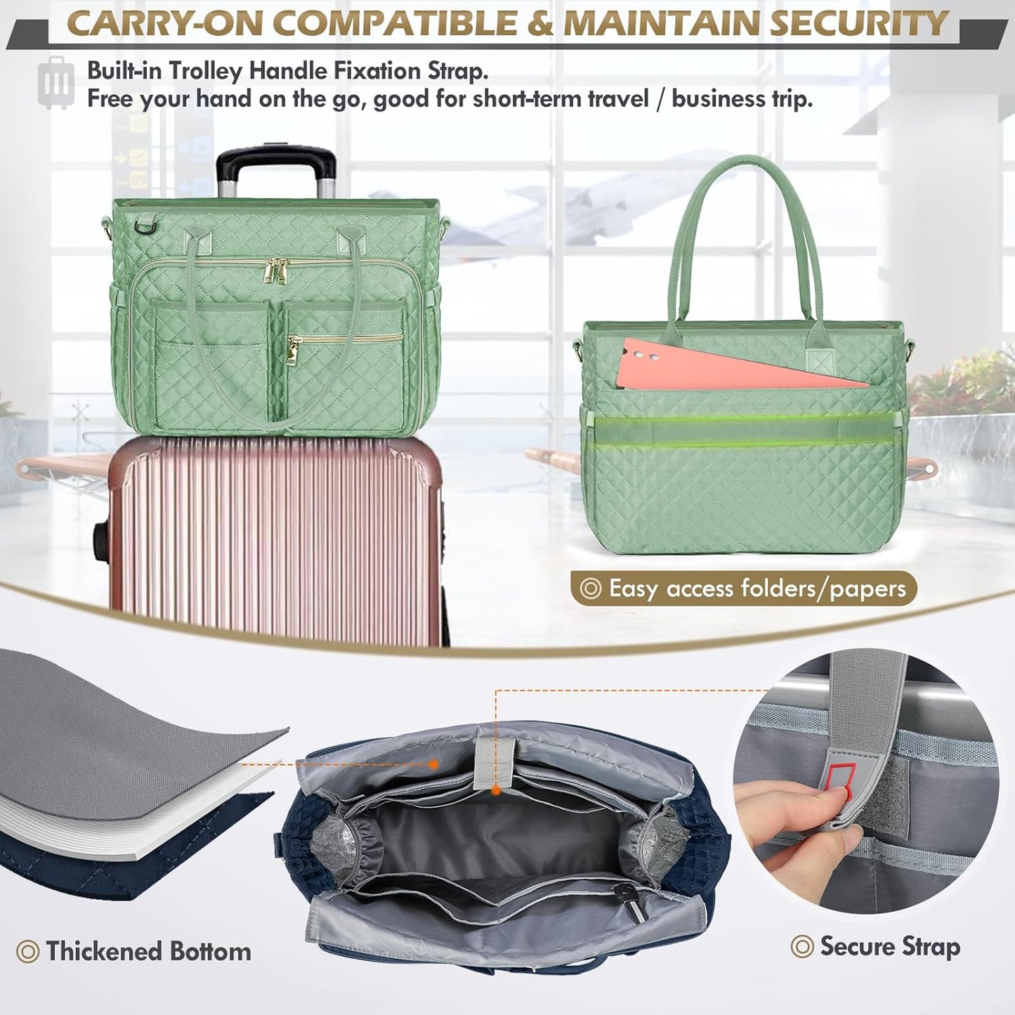 RAINSMORE Teacher Tote Bag 15.6 inch Laptop Bag for Women Work Bags Laptop Tote Nurse Bag Professional Computer Messenger with Insulated Pocket, Laptop Briefcase for Office, College, Mint Green