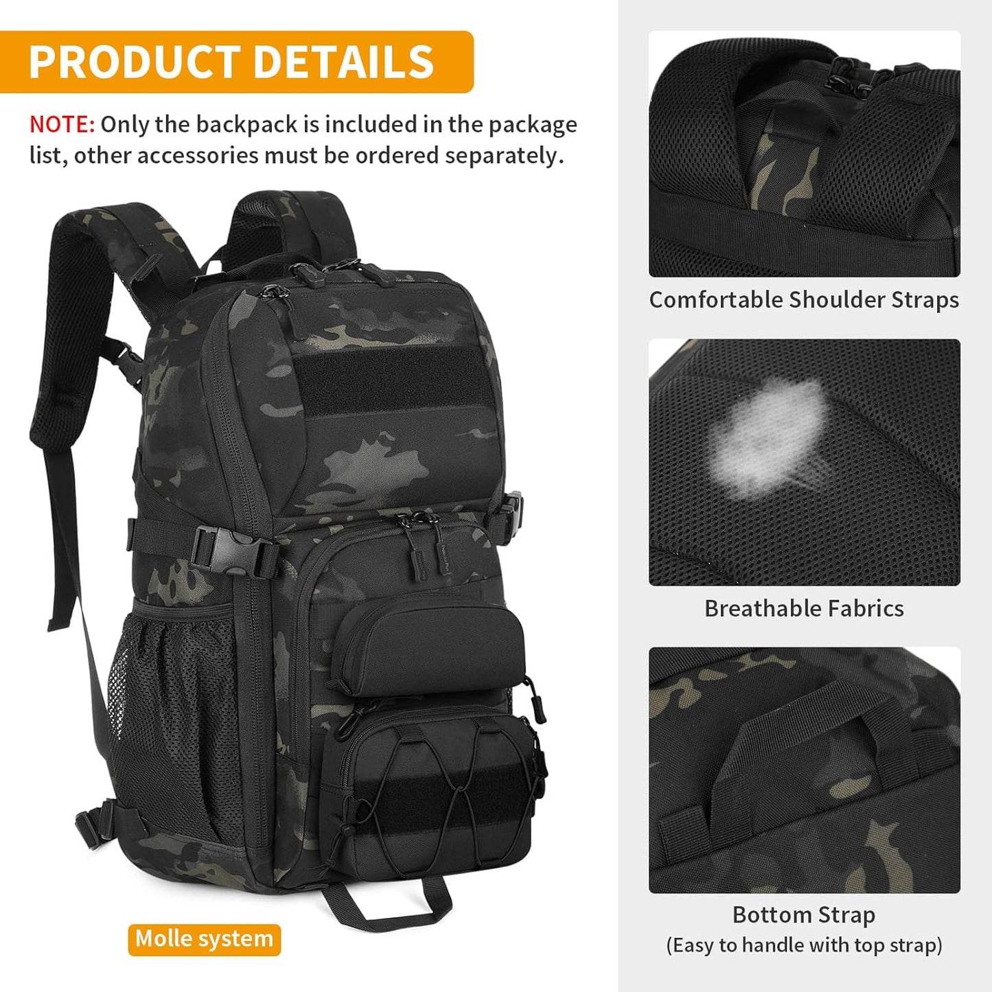 HUNTVP Tactical Backpack Military MOLLE Backpack Hunting Rucksack Gear Assault Pack 25L WR