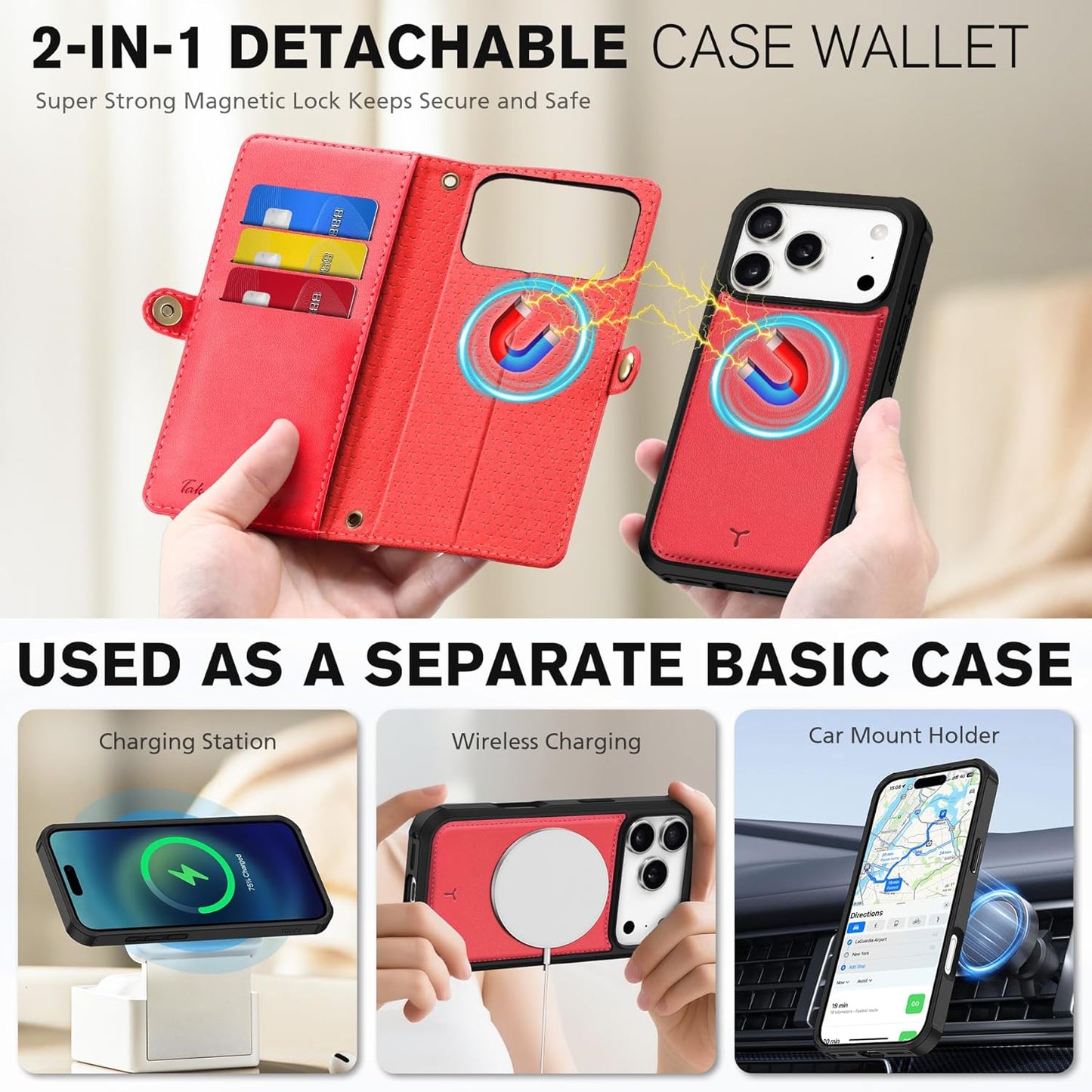 TUCCH Detachable Crossbody Wallet Case for iPhone 17 Pro 6.3", 9 Card Slots RFID Blocking | Stand | Lanyard Wrist Strap | Wireless Charging | Zipper Pocket | PU Leather Magnetic Flip Cover | Red