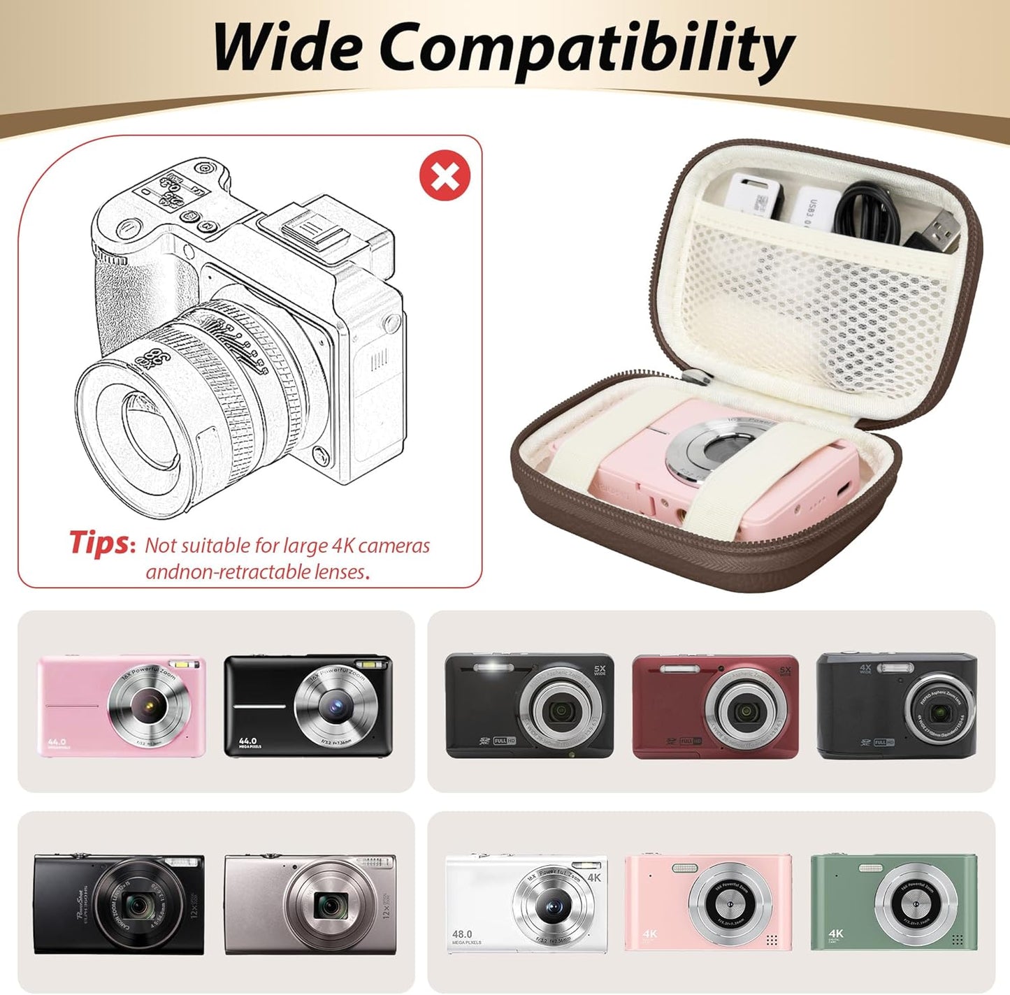 Digital Camera Case for CAMKORY, KODAK PIXPRO FZ45/FZ55, Canon IXUS 285 HS, Lecran, Small Travel Compact Camera Holder with Mesh Pocket for Accessories SD Card (Brown)