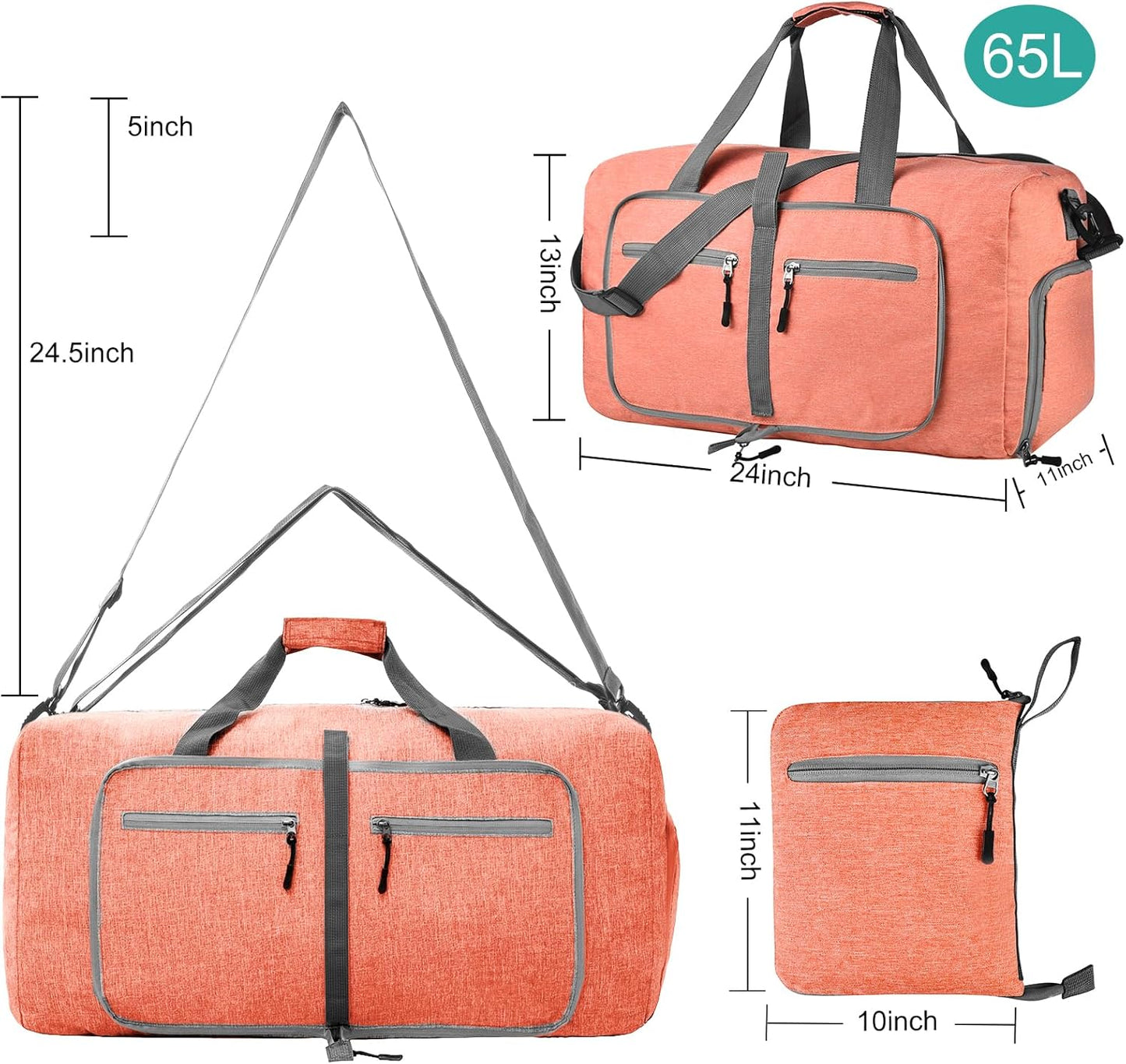 Dimayar 65L Travel Duffle Bag for Men Women - Foldable Duffel Bag with Shoes Compartment - Overnight Bags Waterproof & Tear Resistant(Orange)