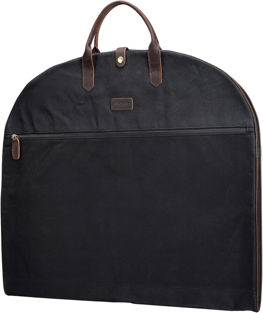 Polare 43” Waxed Canvas Full Grain Leather Trim Carry On Garment Bag for Travel, Waterproof Dust-Proof Foldable Hanging Suitcase Weekender Garment Cover with YKK Zipper (Black)