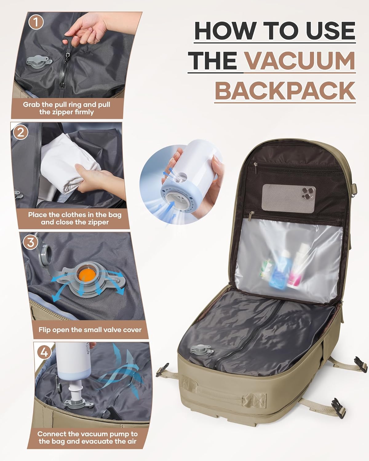 Vacuum Backpack Travel with Pump, Expandable Travel Backpack with Vacuum System, Vacuum Compression Bags Personal Item Carry On Suitcase Luggage Flight Approved Backpacks for Women Men, Brown