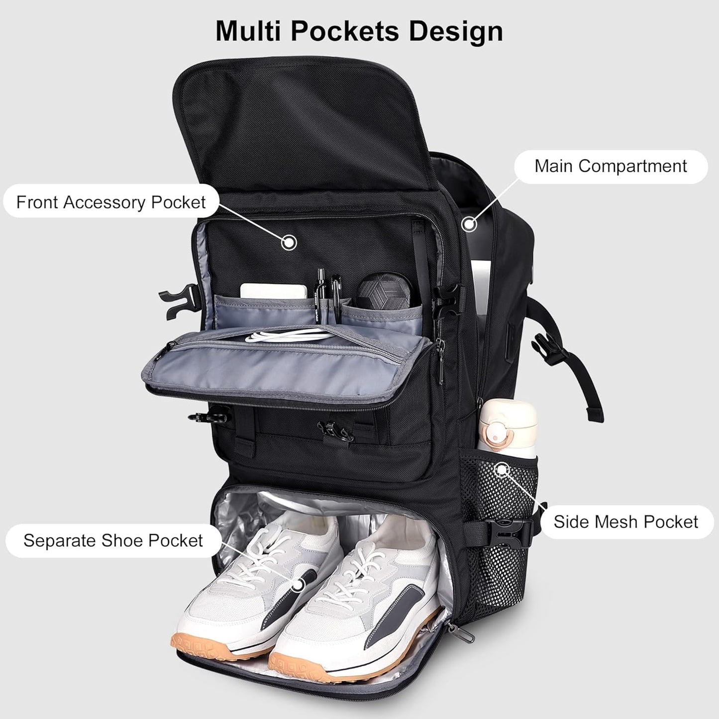 PIJUSHI Travel Backpack for Women Men Carry on Luggage Backpack Flight Approved Convertible Duffle Bag Fit 16 Inch Laptop(PE037 Black)