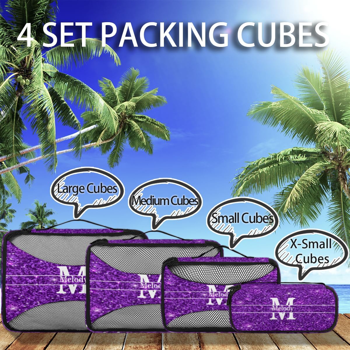 Custom Name 4 Pcs set travel luggage organizer Mesh Travel Essentials for Suitcases, Purple Sequins with Initial Letter