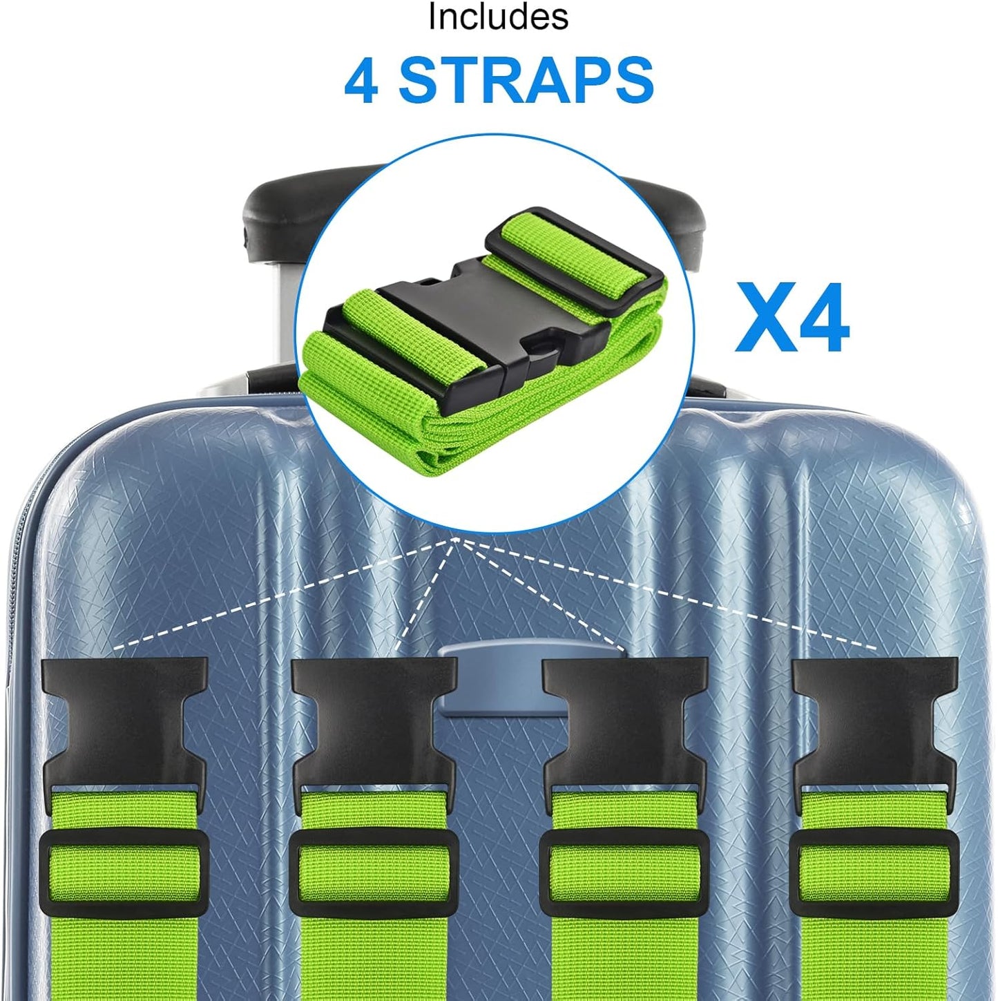4 Pack Luggage Straps for Suitcases TSA Approved, Travel Belt, Suitcase Strap, by Hiuysid (Green)