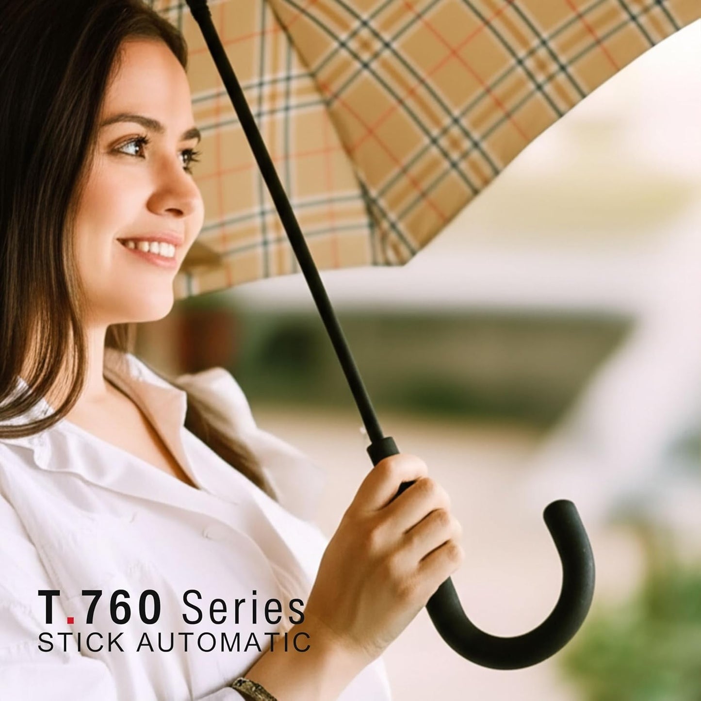 Knirps T.760 Stick Automatic Auto Open Rain Umbrella With Curved Handle - Windproof Travel Cane With Automatic Open Button - For Adults - 107cm Diameter