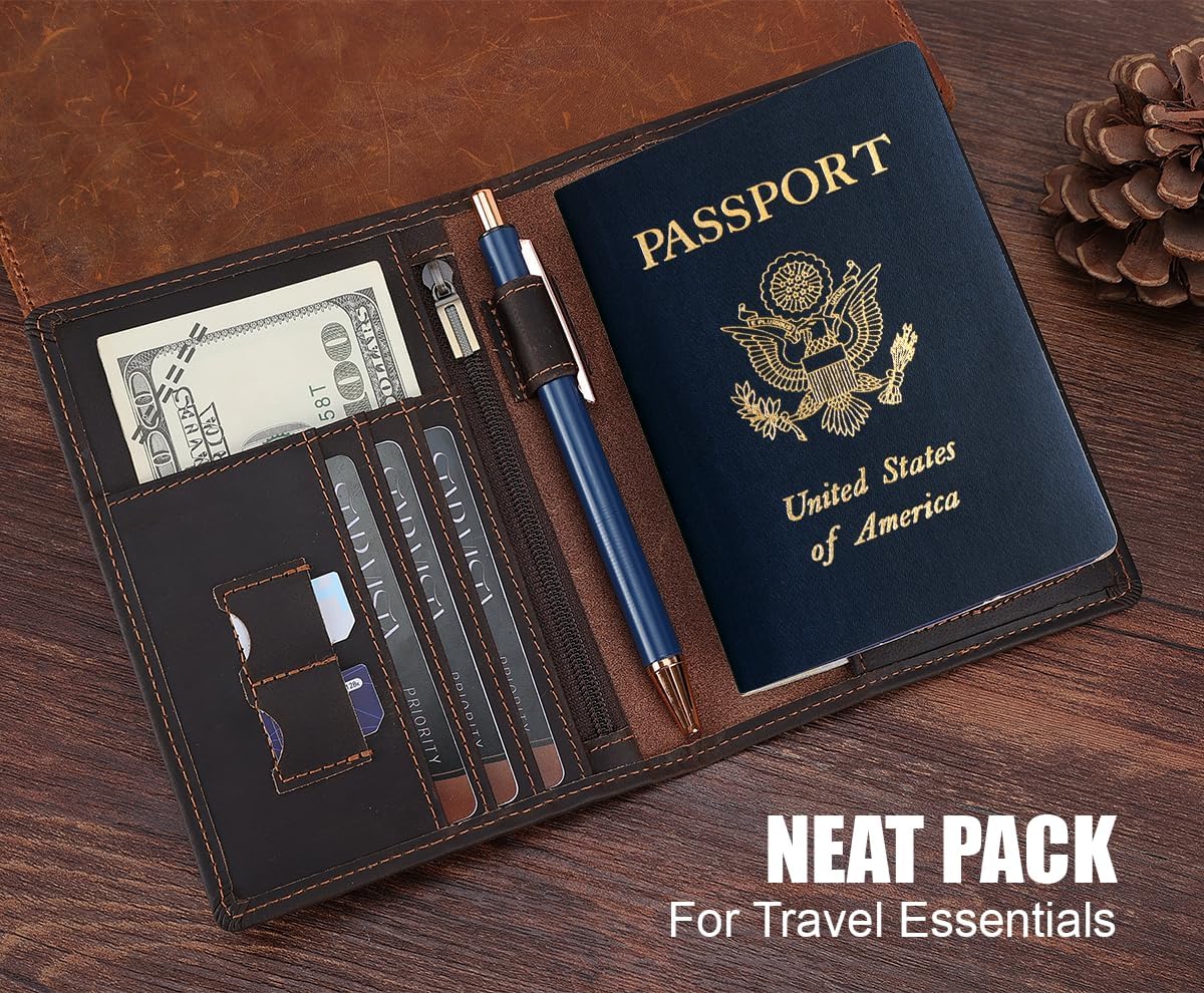 STAR VISTA Phoenix Leather Passport Holder, Cowhide Leather Travel Wallet - RFID Blocking, ID Window, Zipper Pocket, Pen & Notebook Included, AirTag Holder, Dark Chocolate