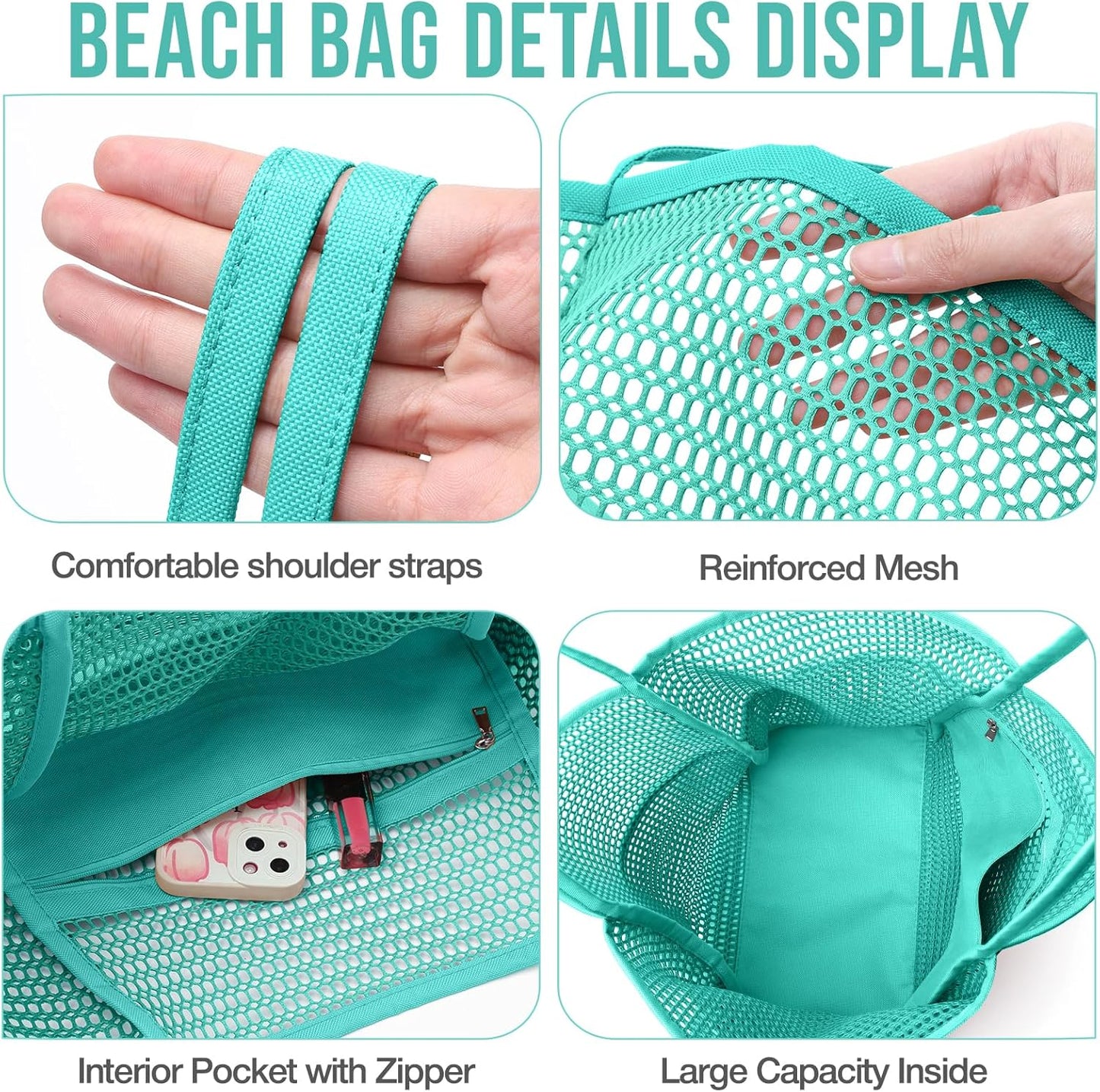 KPX Beach Bag with Mini Pocket, Beach Tote Bags for Women Large Foldable Mesh Swimming Pool Travel Bags - Sandproof