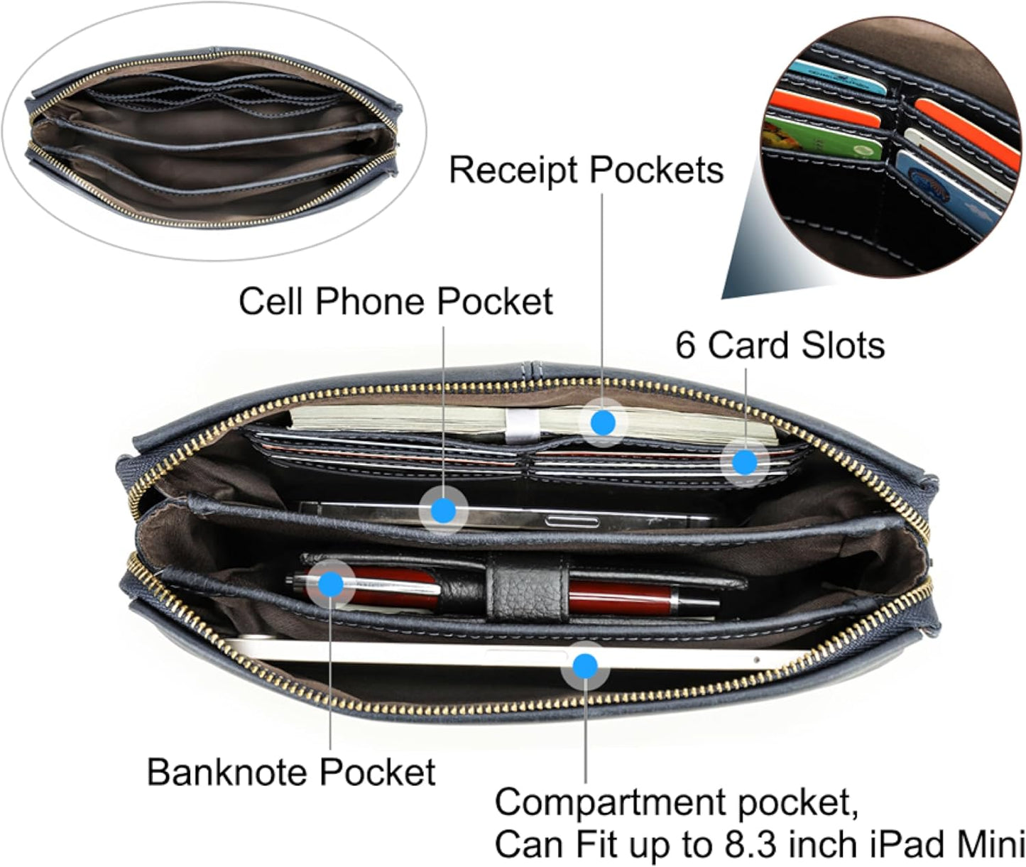 Top Grain Genuine Leather Clutch Wallet Handbag for Man & Woman, Handmade Retro Design, Combination Lock & Retractable Strap & Multi Pockets/Slots, Portable RFID for Cards/Checks/Phone/Banknote, Blue