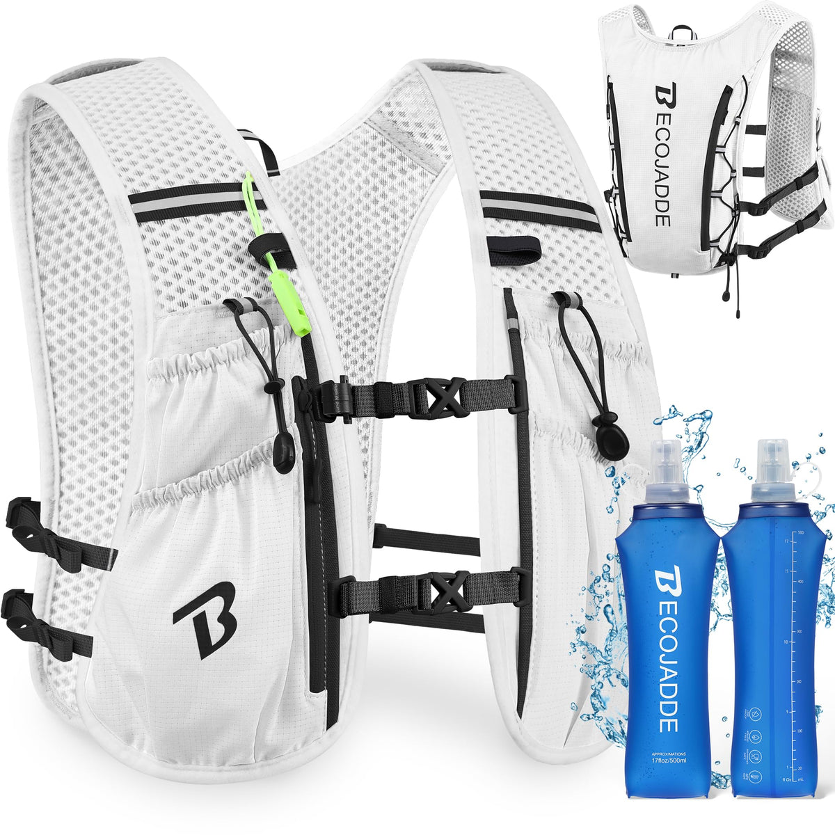 BECOJADDE Running Vest Hydration Backpack with Two 500ML Soft Water Bottles for Men Women, 5L