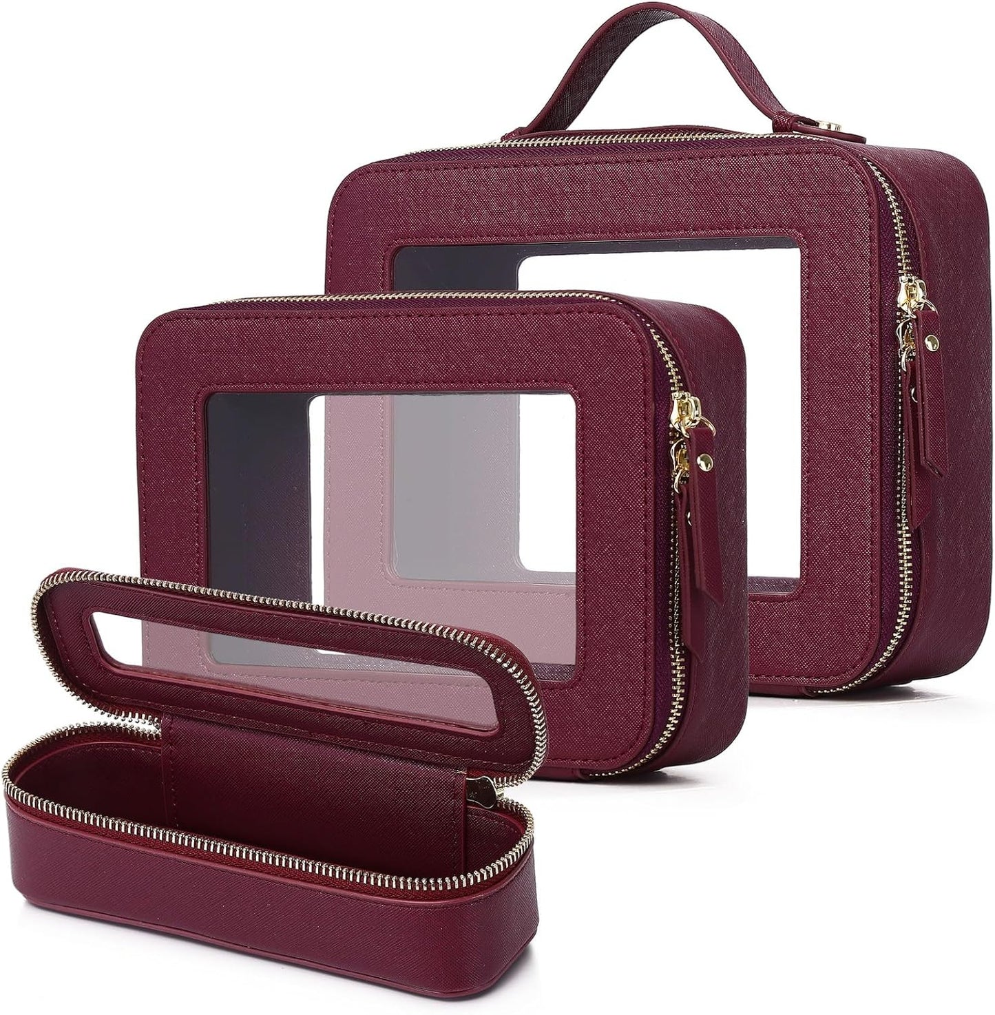 Travel Makeup Set Waterproof Transparent Cosmetic Bag and Toiletry Bag Makeup Brush case with Zipper Car Essentials for Women (Burgundy, L+M+SLIM)