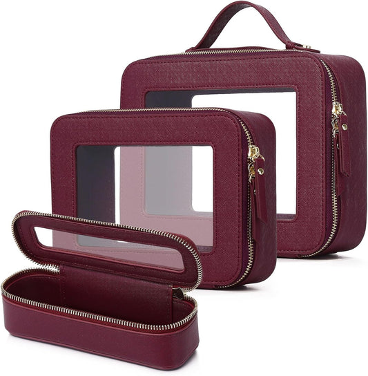 Travel Makeup Set Waterproof Transparent Cosmetic Bag and Toiletry Bag Makeup Brush case with Zipper Car Essentials for Women (Burgundy, L+M+SLIM)