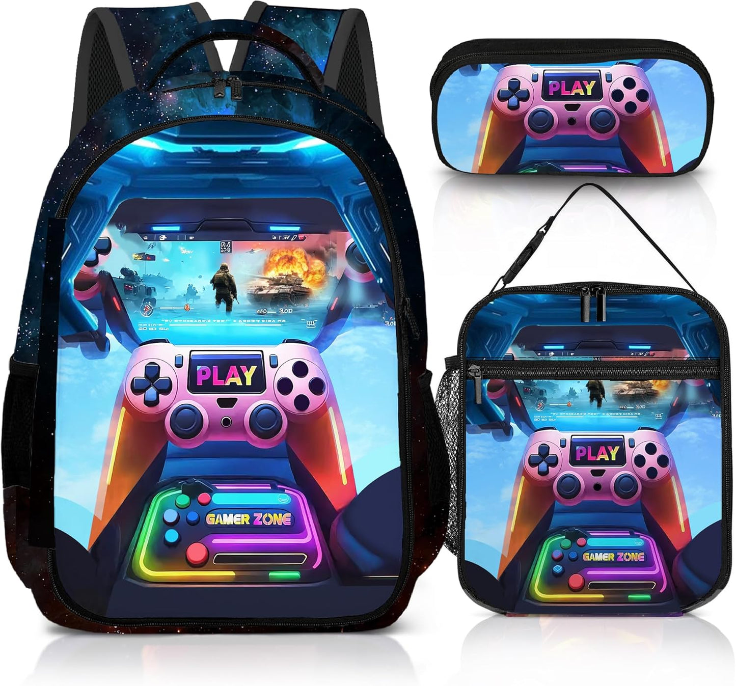 Game Backpack Set for Boys, Gaming Backpack 3 Pack, Boys Lunch Box, and Pencil Bag for Kids, 17"
