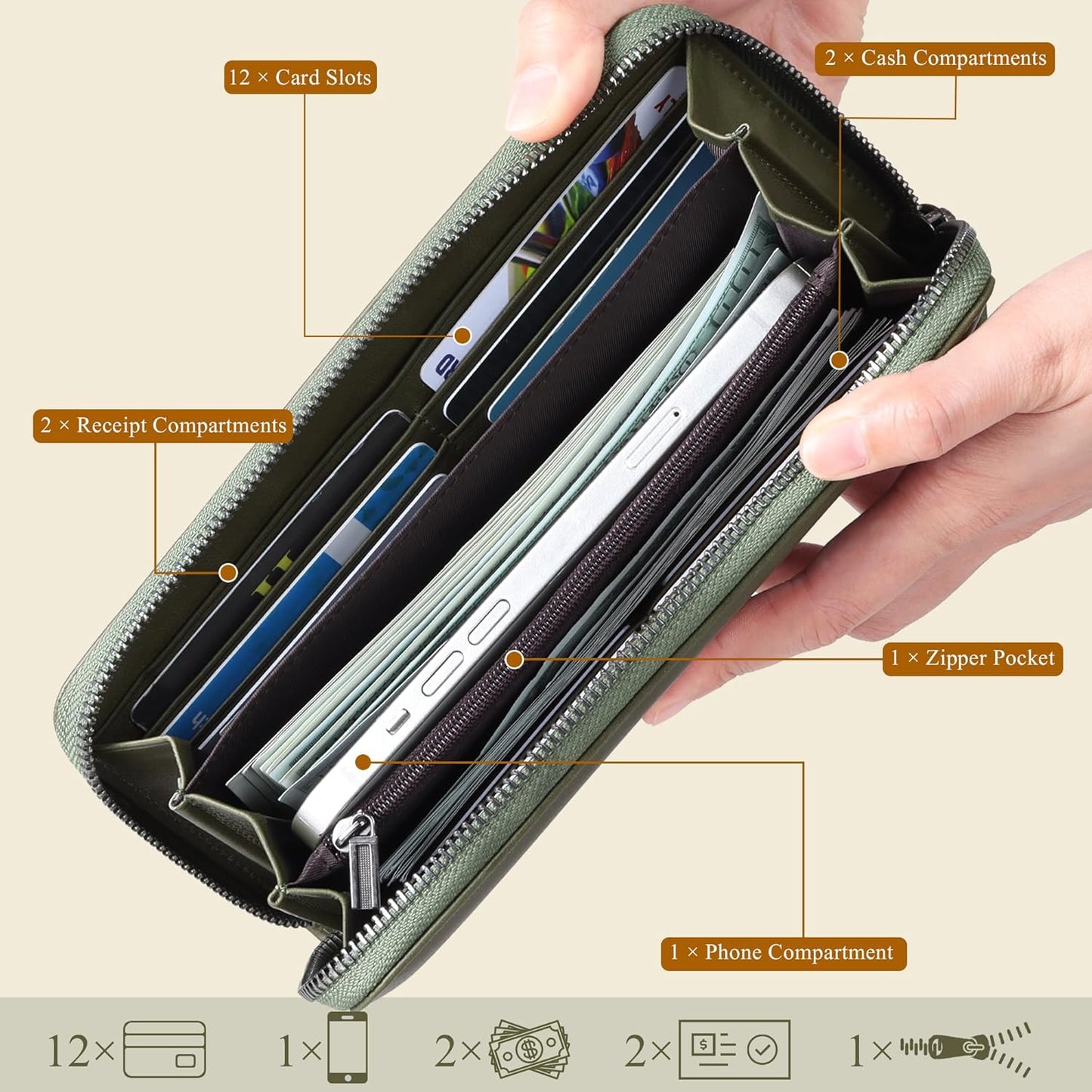 VISOUL Leather Long Zipper Pouch Wallet for Men and Women with RFID Blocking, Large Clutch Cash Long Wallet with Zipper (Olive Green)