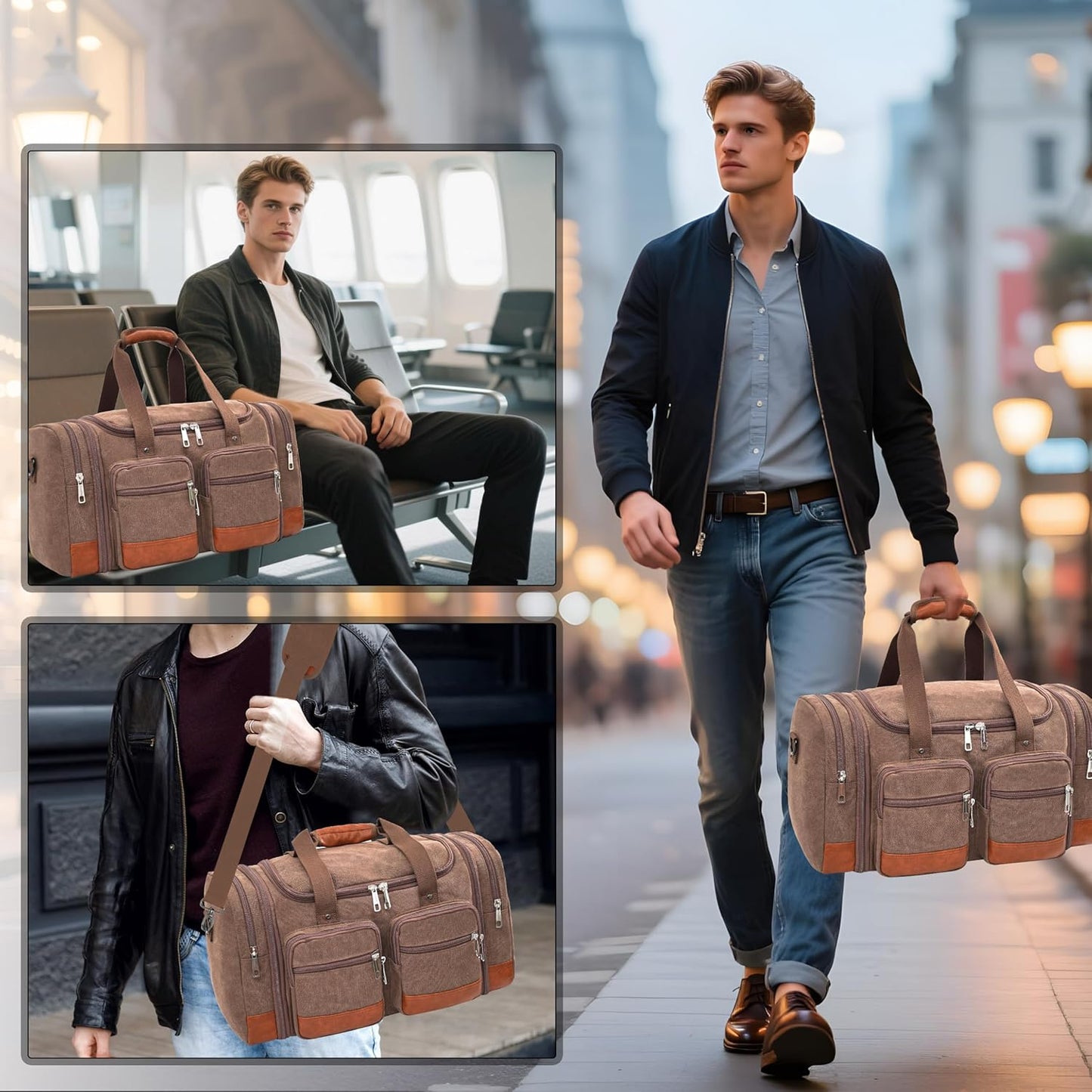 Canvas Duffle Bag For Travel, 50L Expandable Carry on Overnight Travel Duffel Bags with Laptop Compartments Weekend Gym Bag for Men(Coffee)
